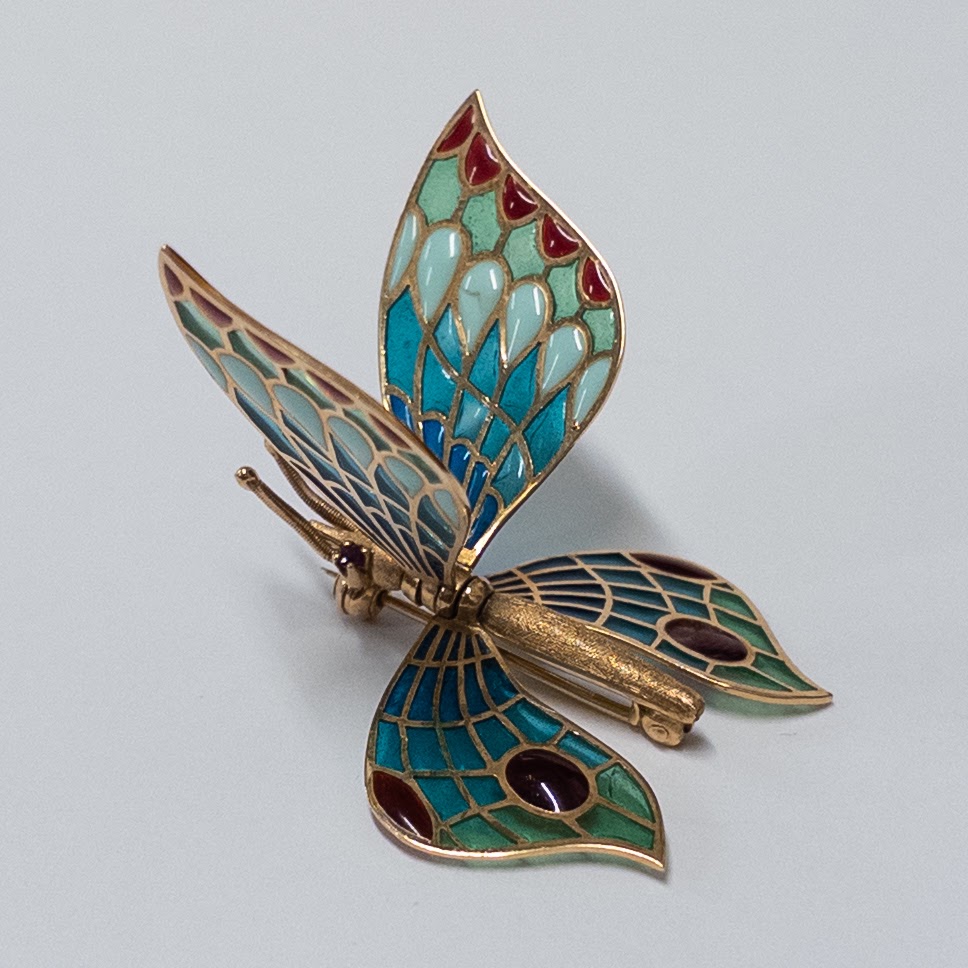 18K Gold and Plique-à-Jour Butterfly Brooch