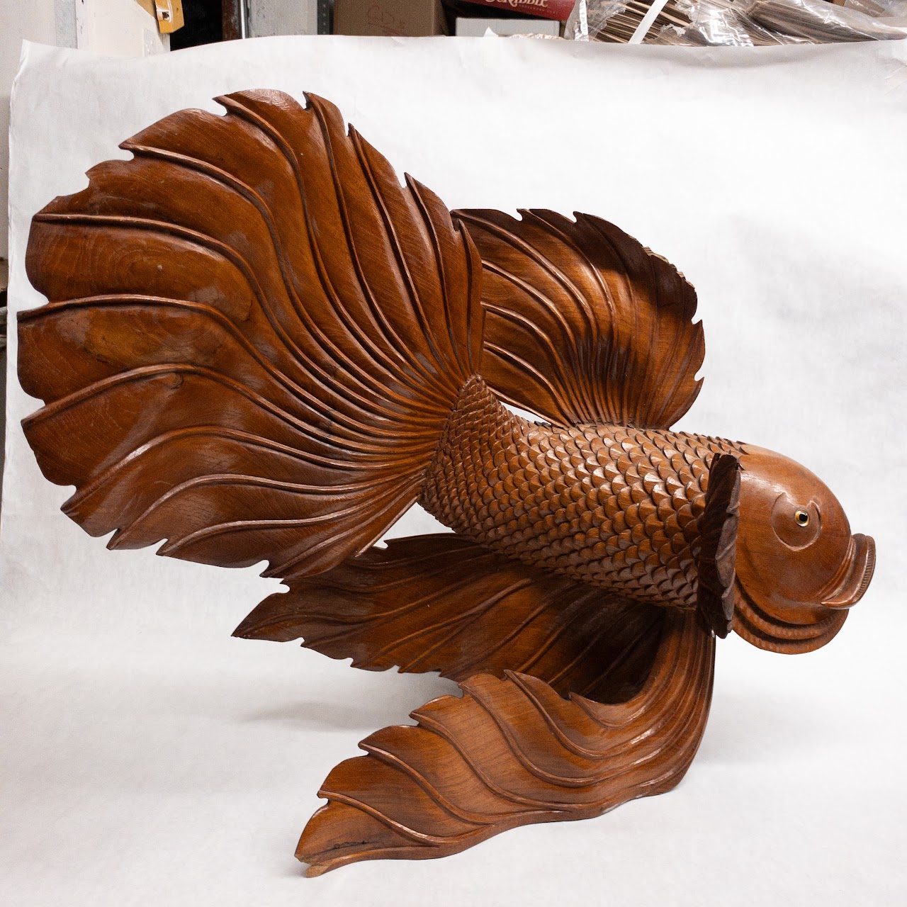 Asian Large Wood Carved Beta Fish Sculpture