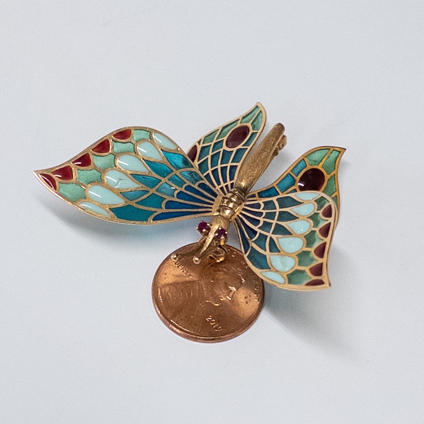 18K Gold and Plique-à-Jour Butterfly Brooch