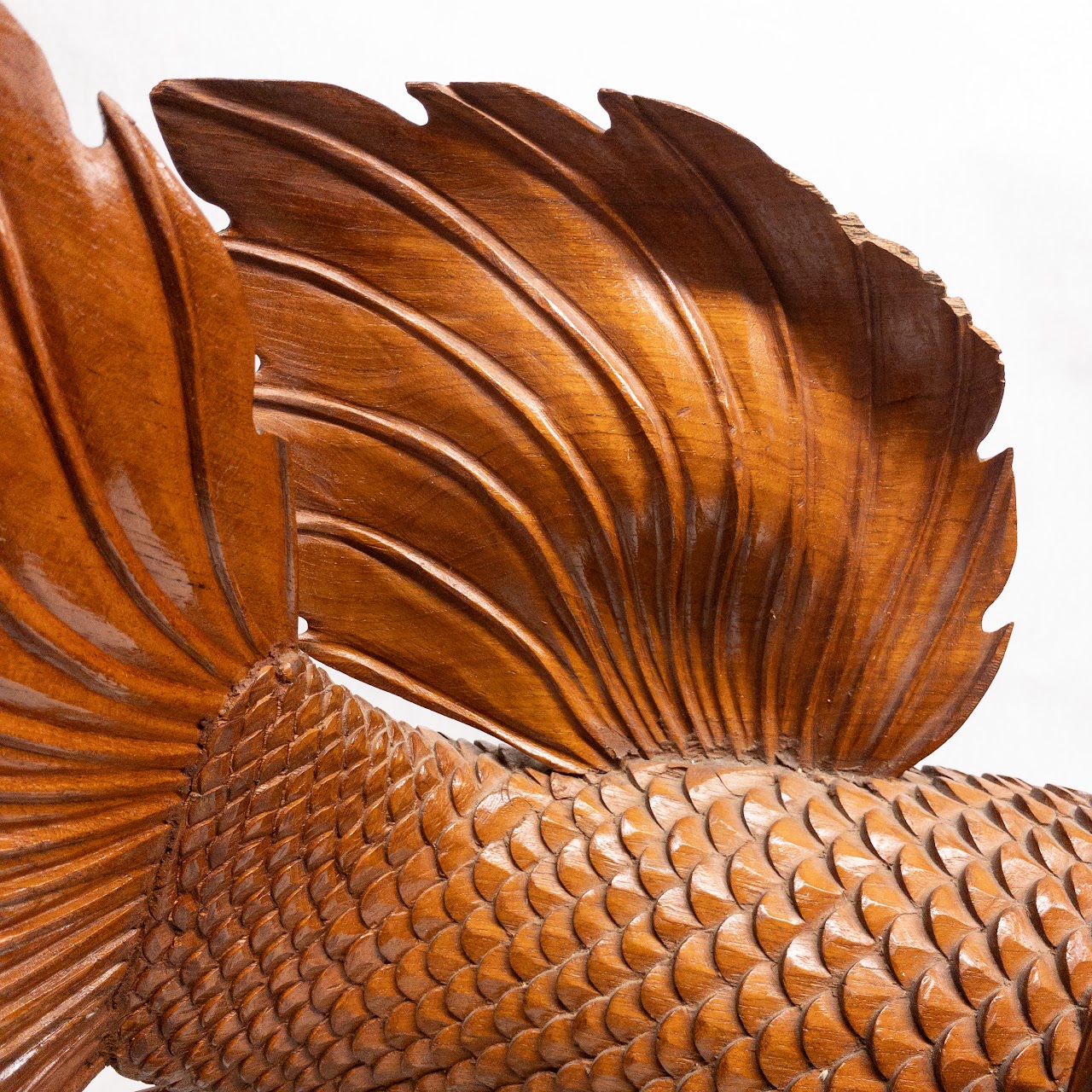 Asian Large Wood Carved Beta Fish Sculpture