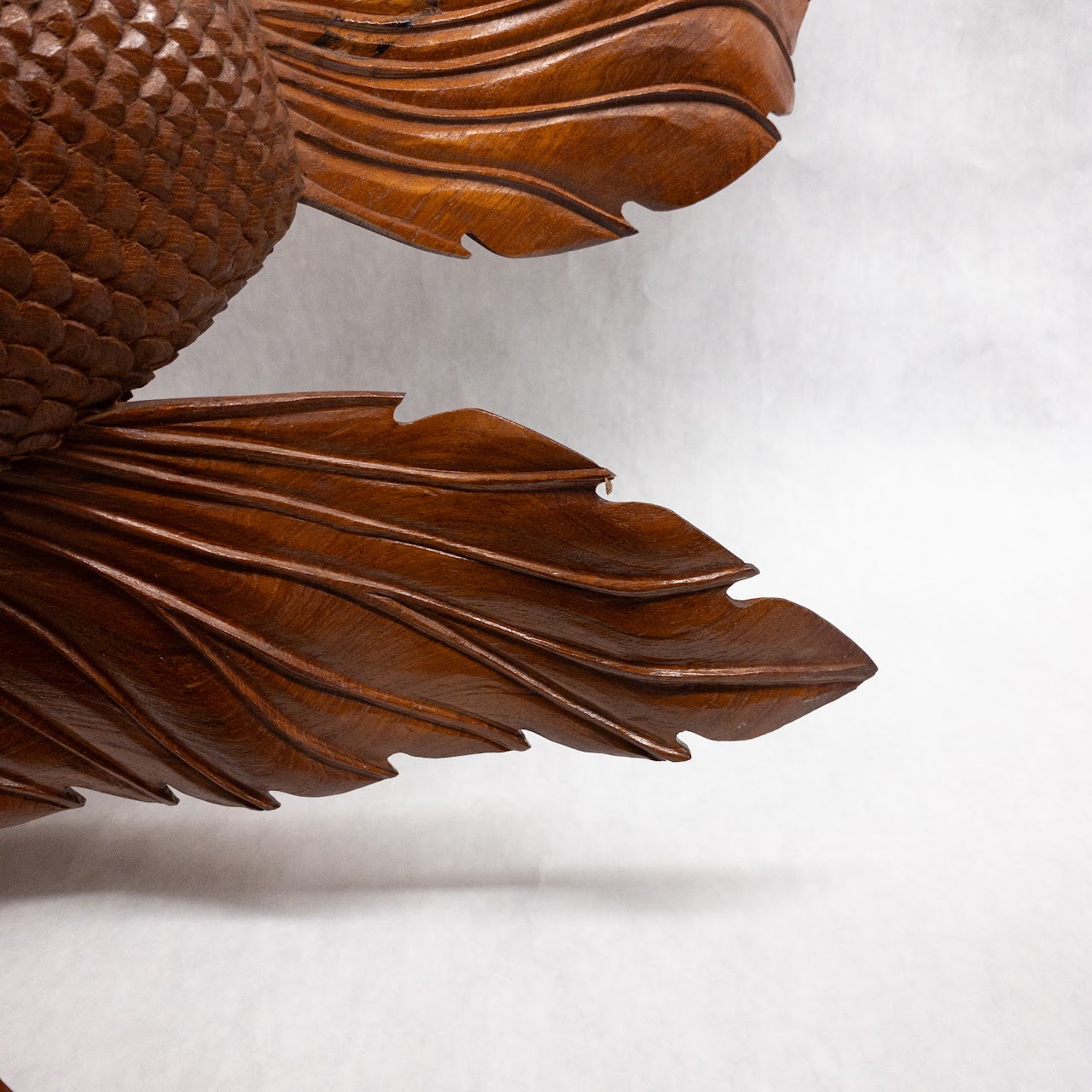 Asian Large Wood Carved Beta Fish Sculpture