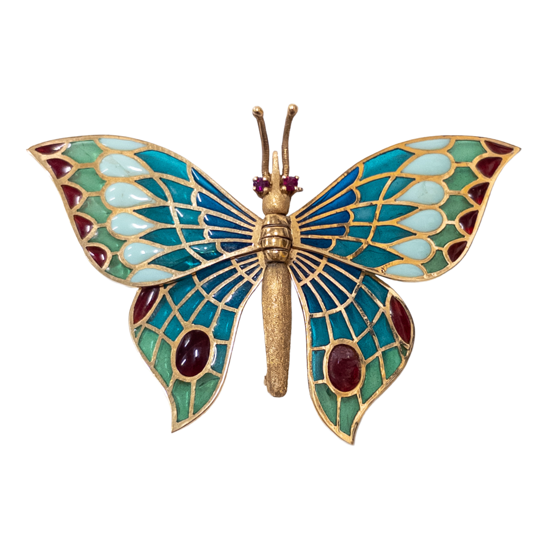 18K Gold and Plique-à-Jour Butterfly Brooch