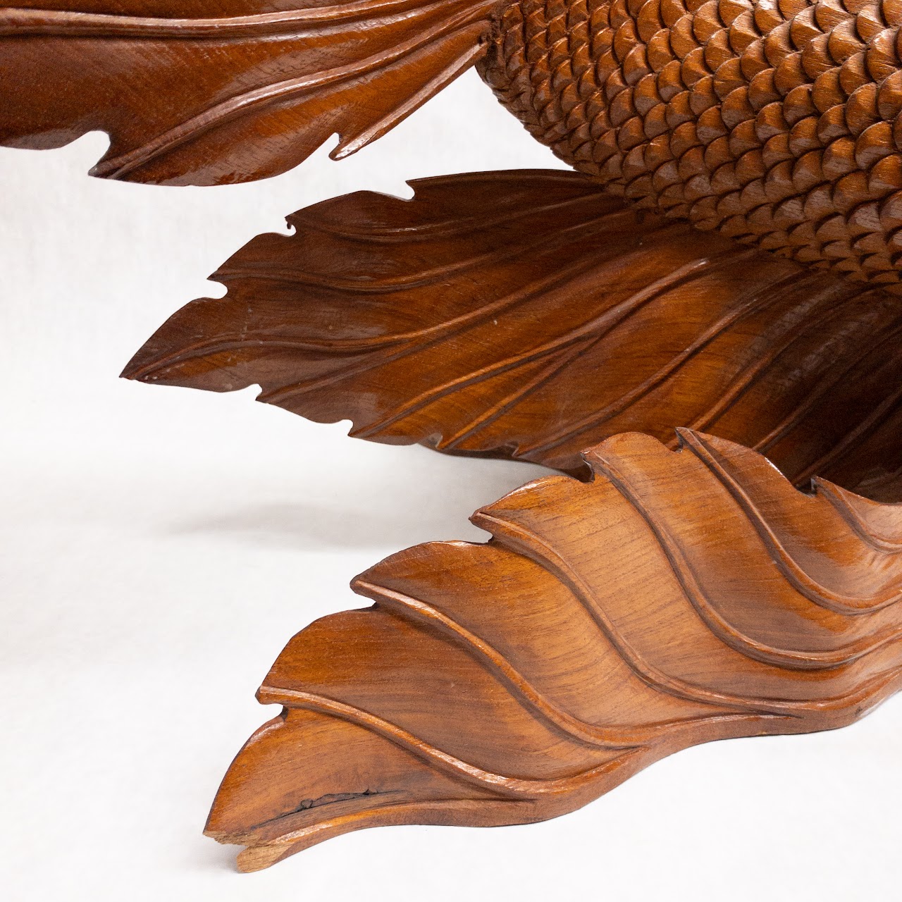 Asian Large Wood Carved Beta Fish Sculpture