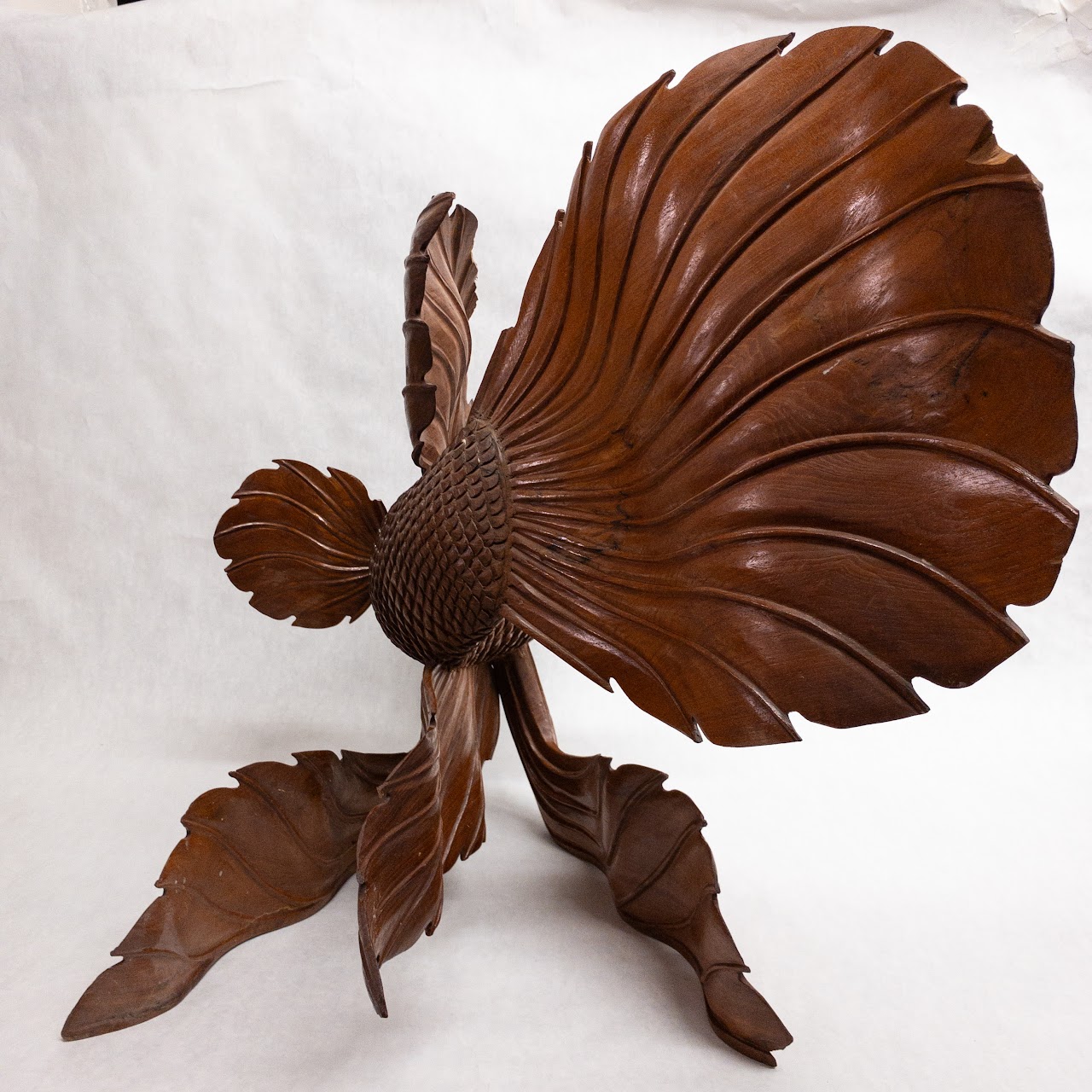 Asian Large Wood Carved Beta Fish Sculpture