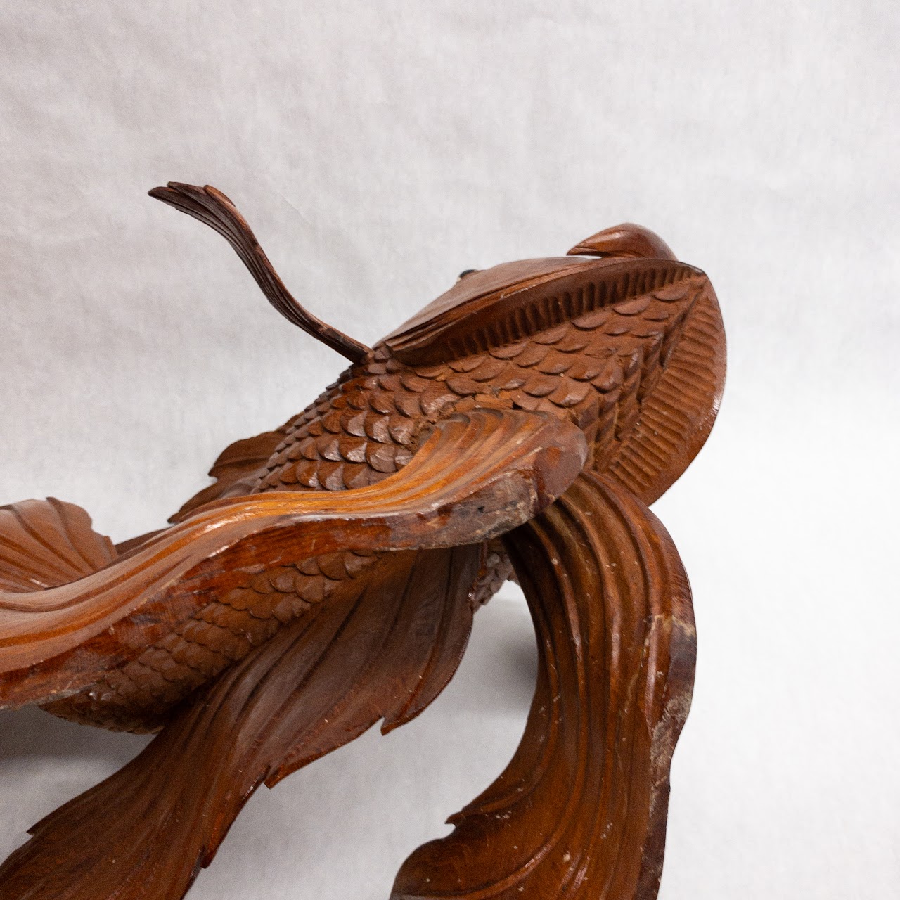 Asian Large Wood Carved Beta Fish Sculpture