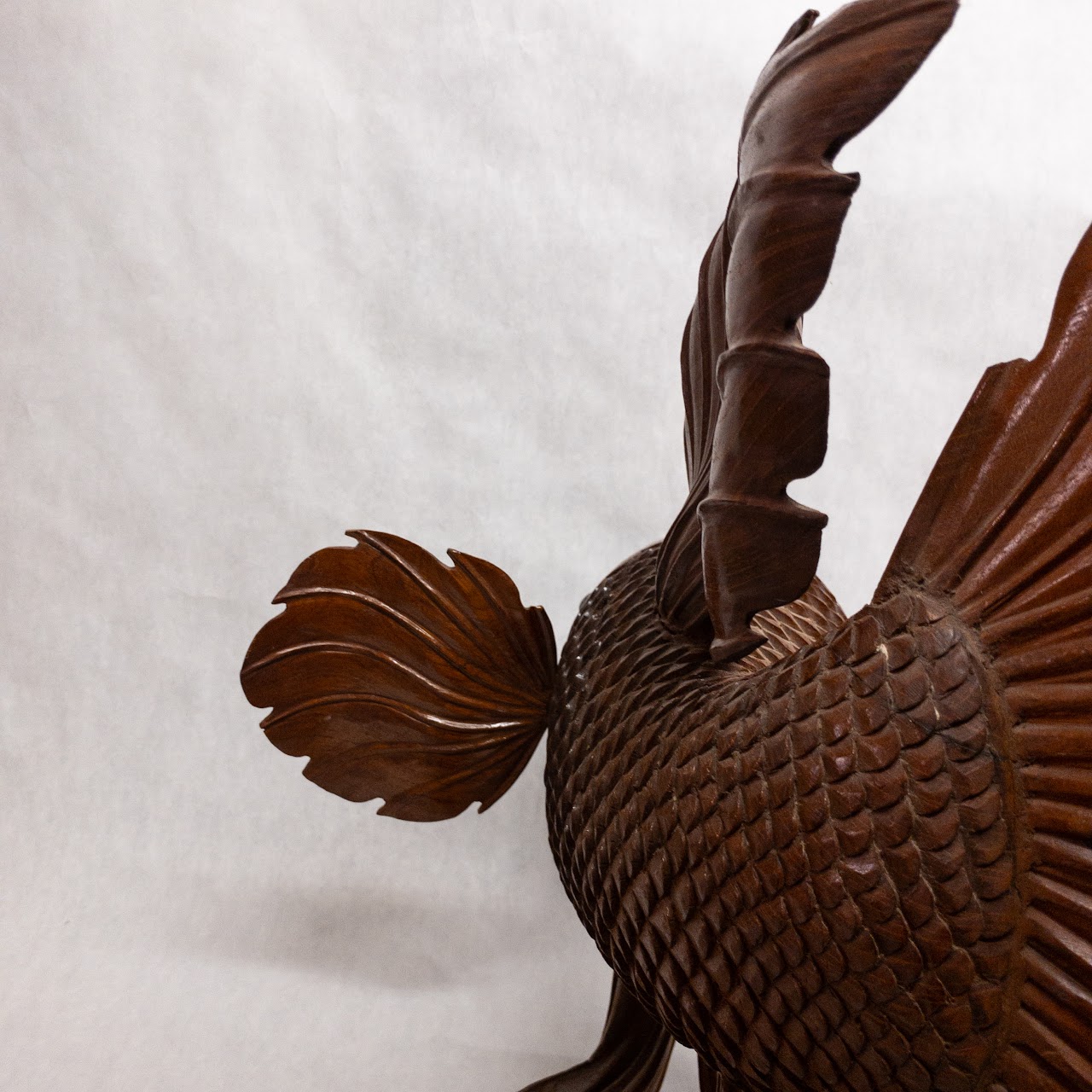 Asian Large Wood Carved Beta Fish Sculpture