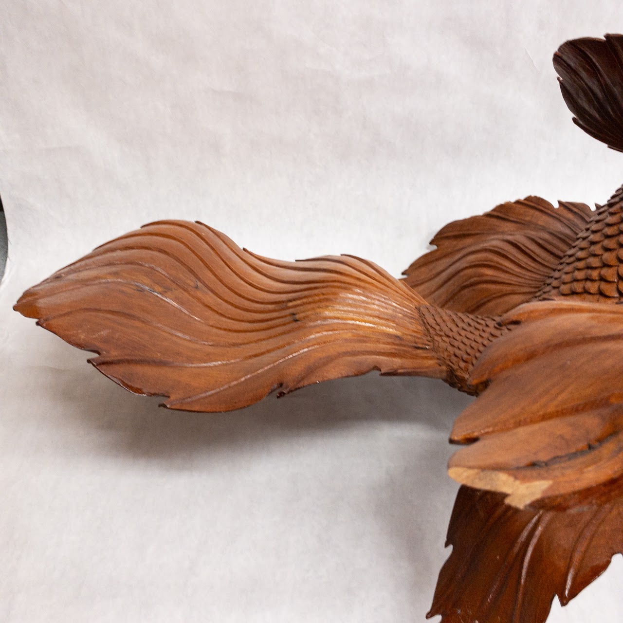 Asian Large Wood Carved Beta Fish Sculpture