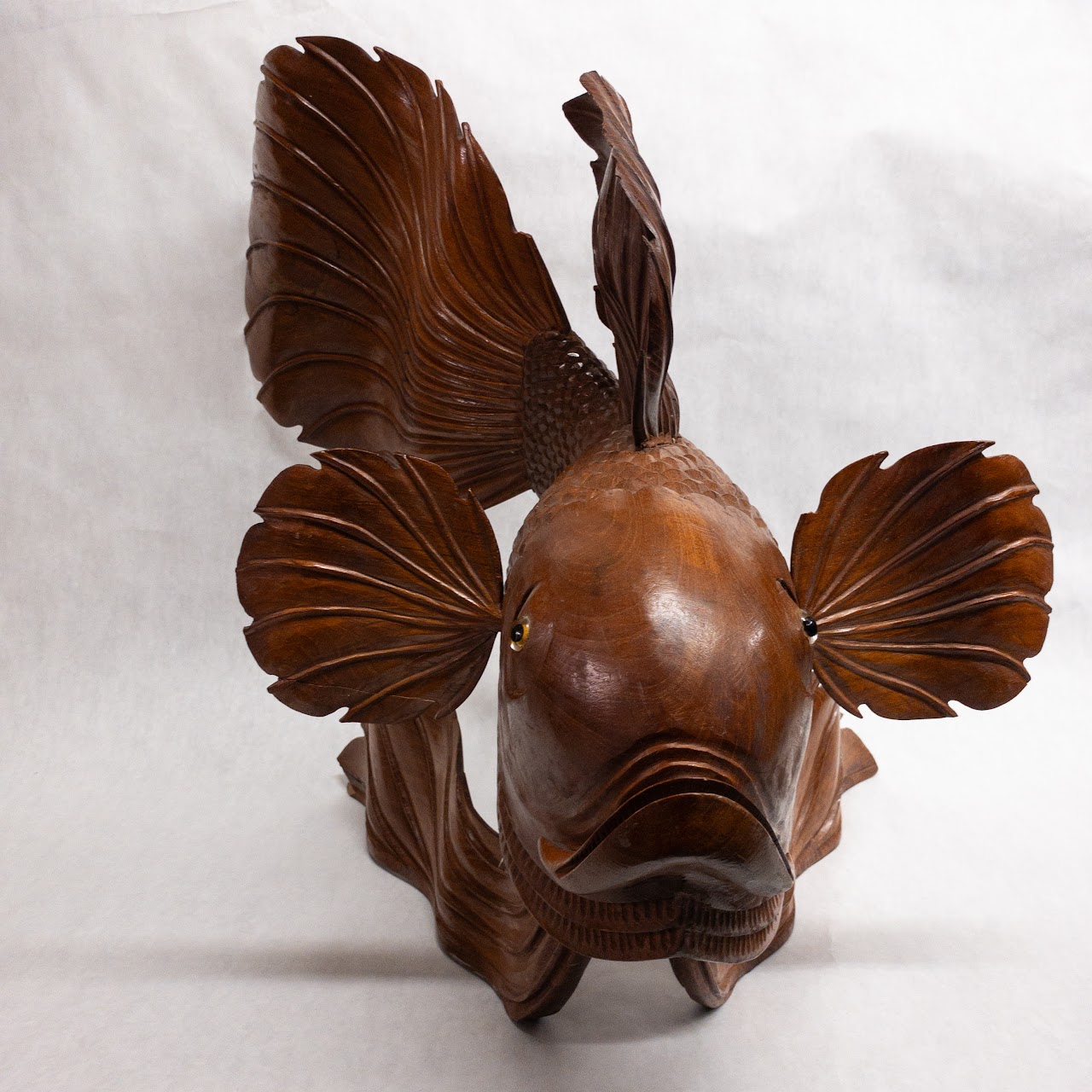 Asian Large Wood Carved Beta Fish Sculpture