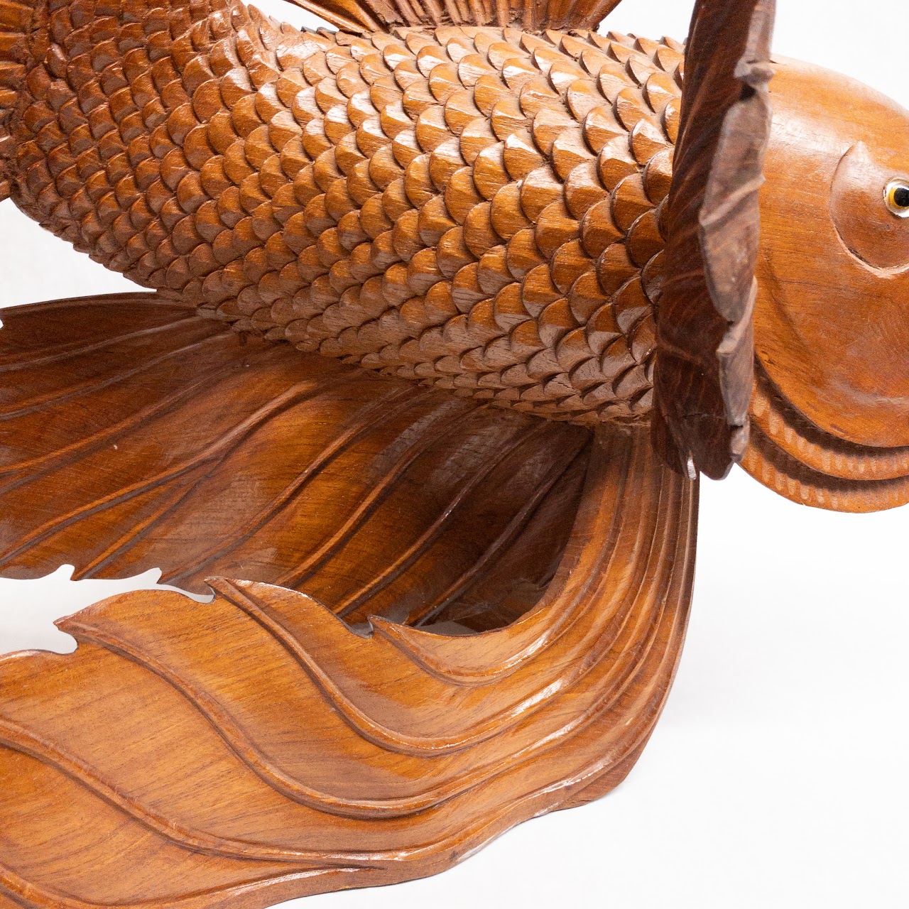 Asian Large Wood Carved Beta Fish Sculpture