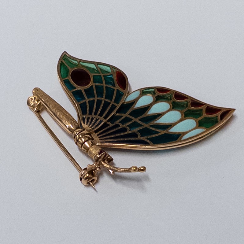 18K Gold and Plique-à-Jour Butterfly Brooch