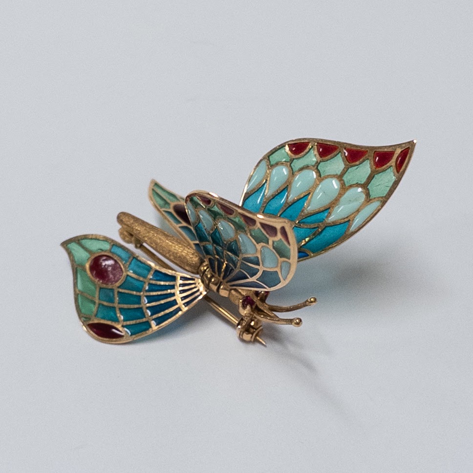 18K Gold and Plique-à-Jour Butterfly Brooch