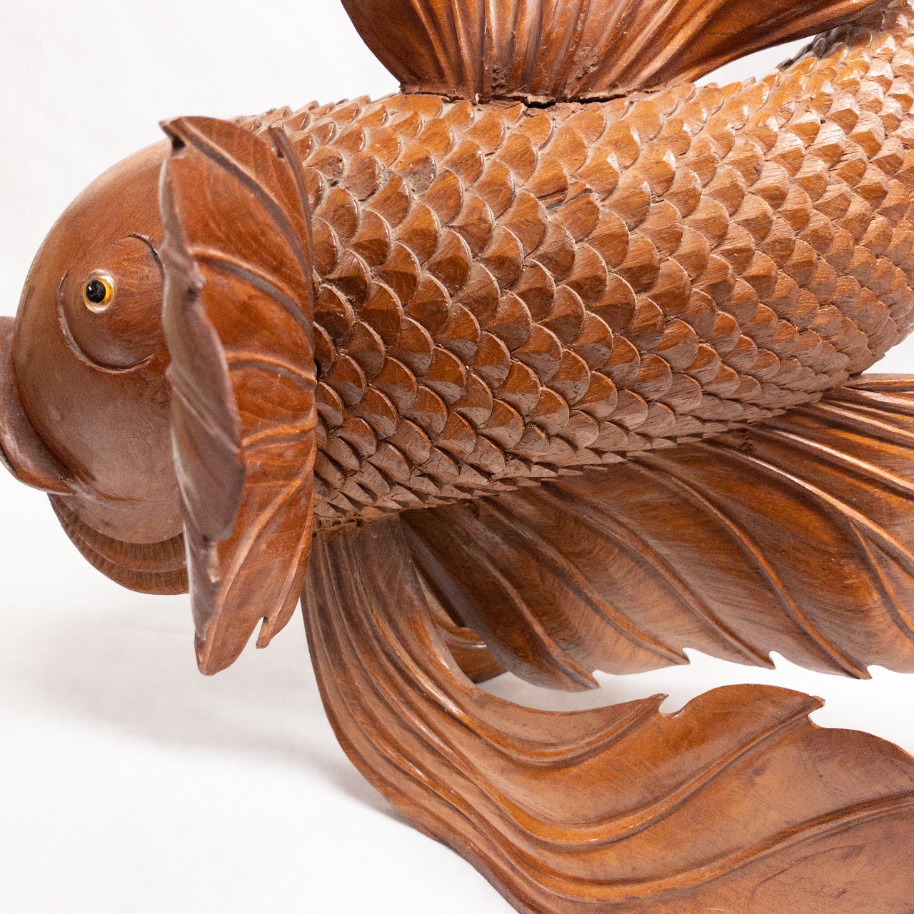 Asian Large Wood Carved Beta Fish Sculpture