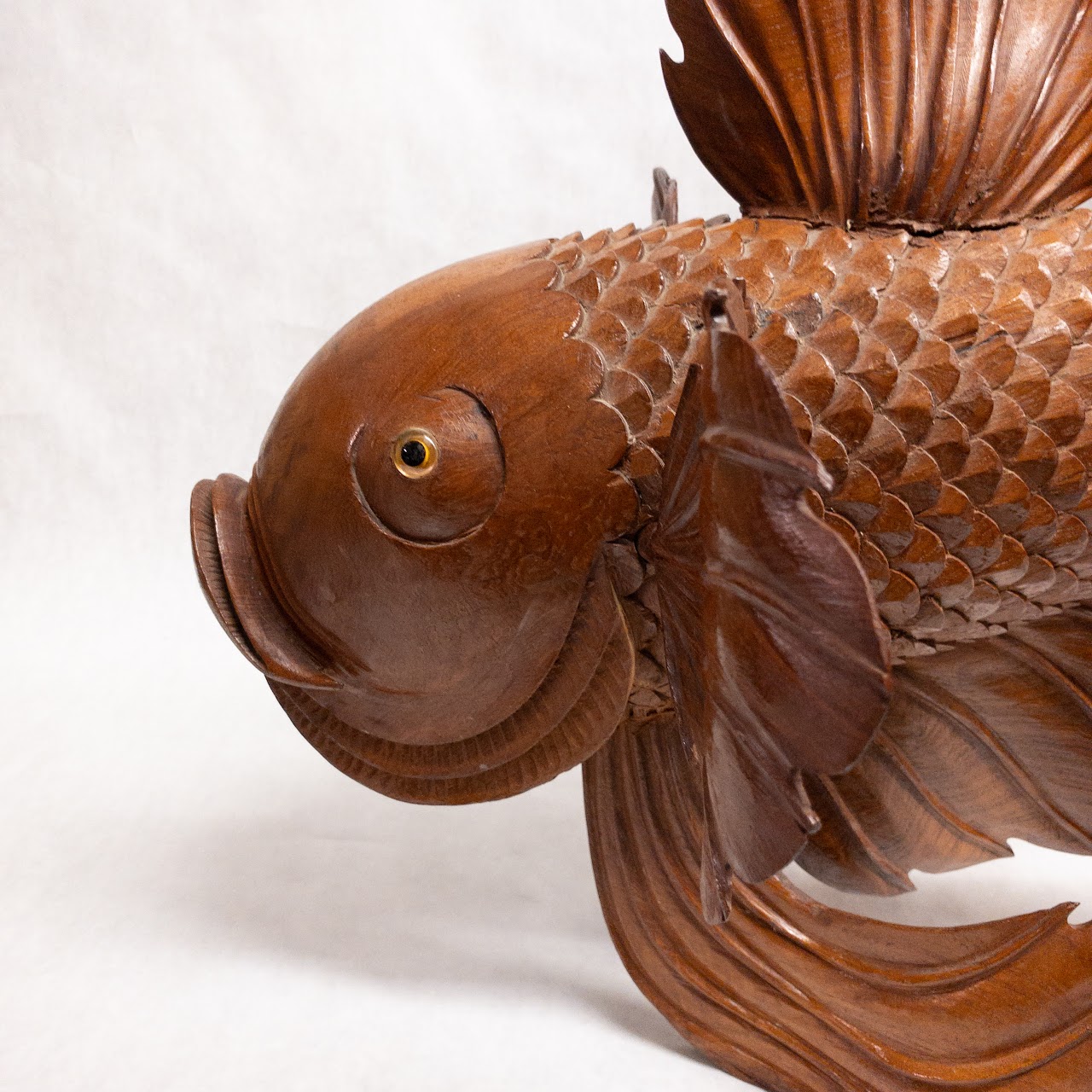 Asian Large Wood Carved Beta Fish Sculpture