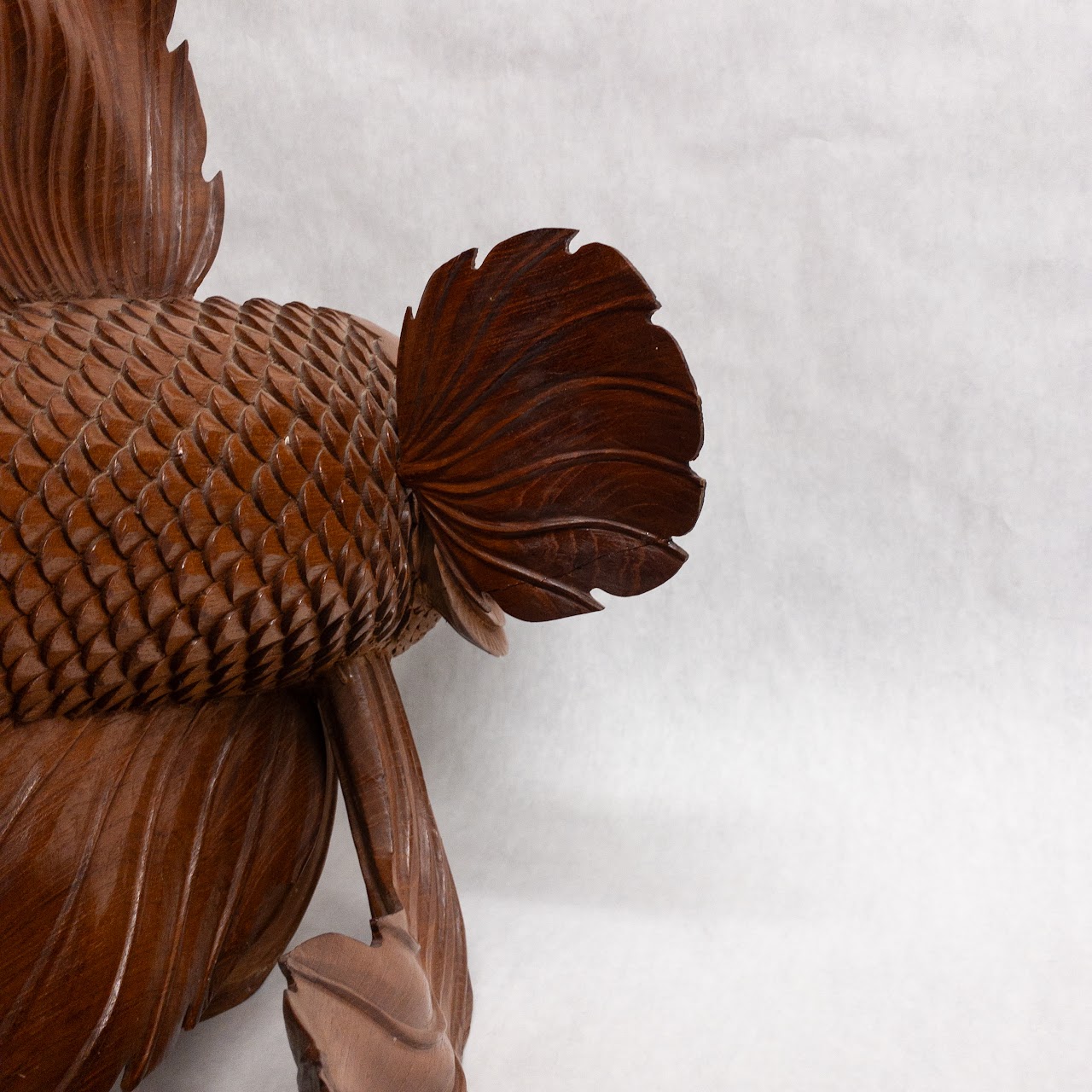 Asian Large Wood Carved Beta Fish Sculpture