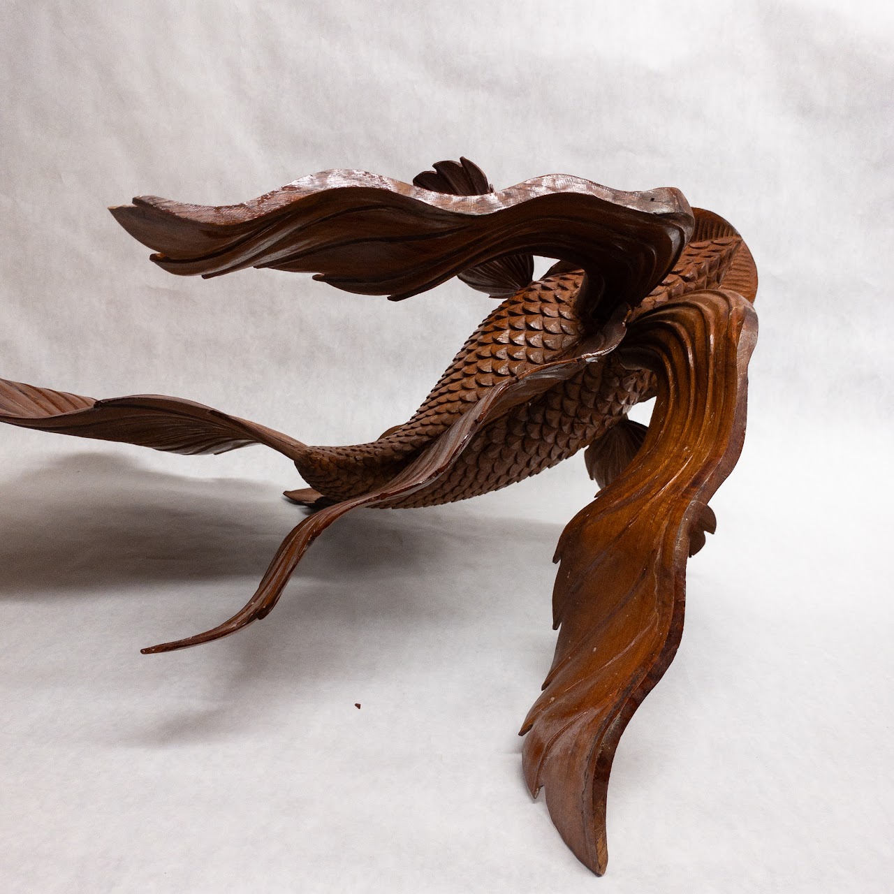 Asian Large Wood Carved Beta Fish Sculpture