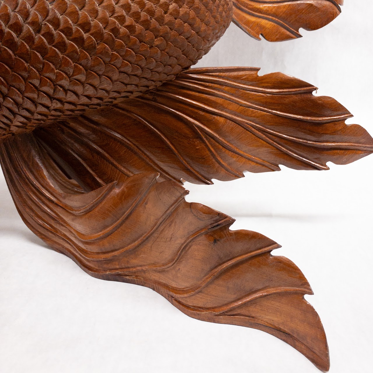 Asian Large Wood Carved Beta Fish Sculpture