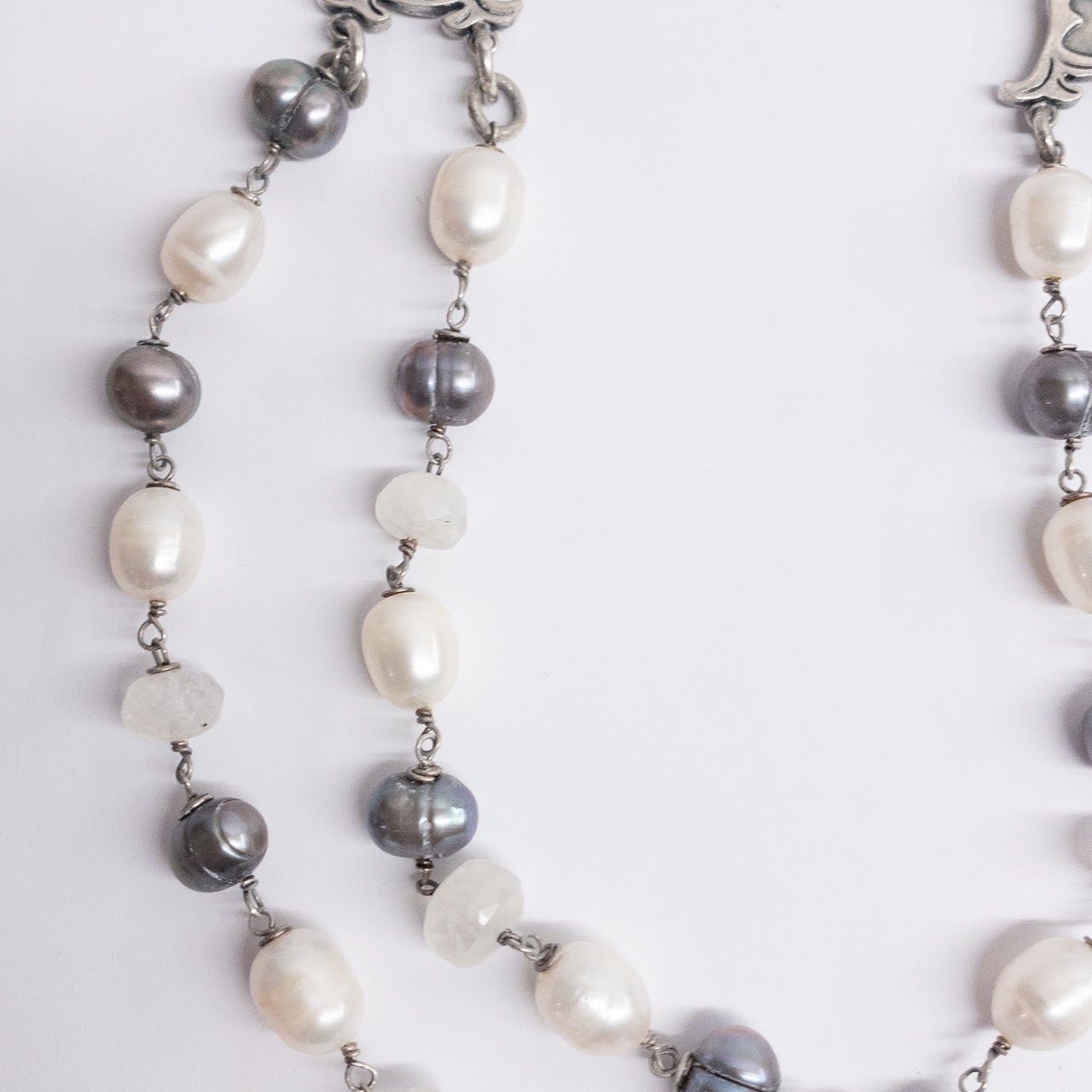 Sterling Silver, White Pearl, Silver Pearl, and Quartz Necklace