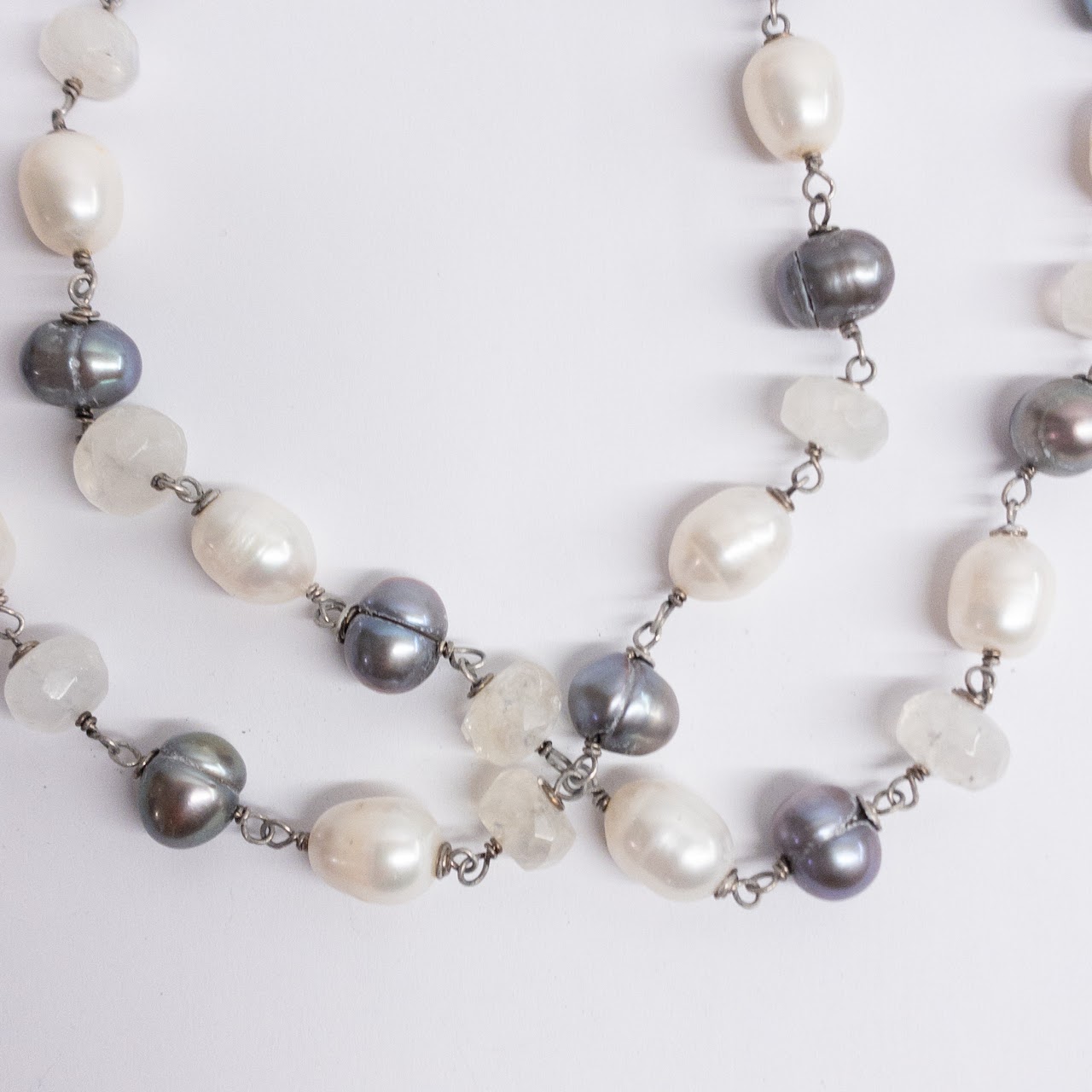 Sterling Silver, White Pearl, Silver Pearl, and Quartz Necklace