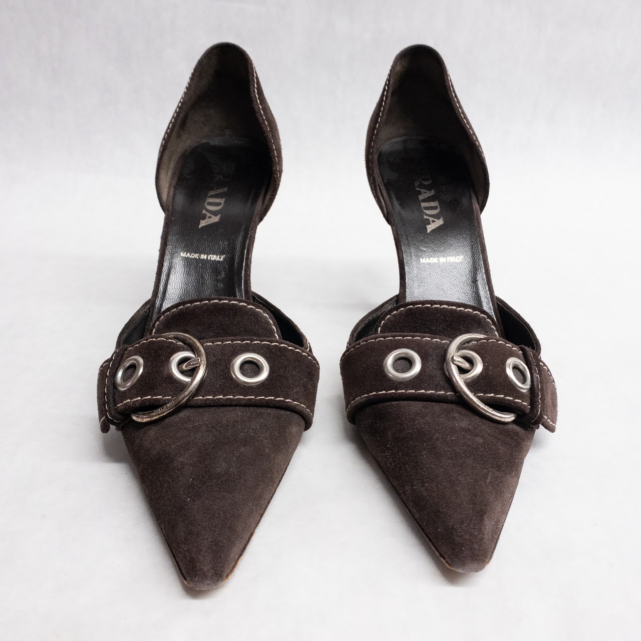 Prada Brown Suede Buckle Pumps