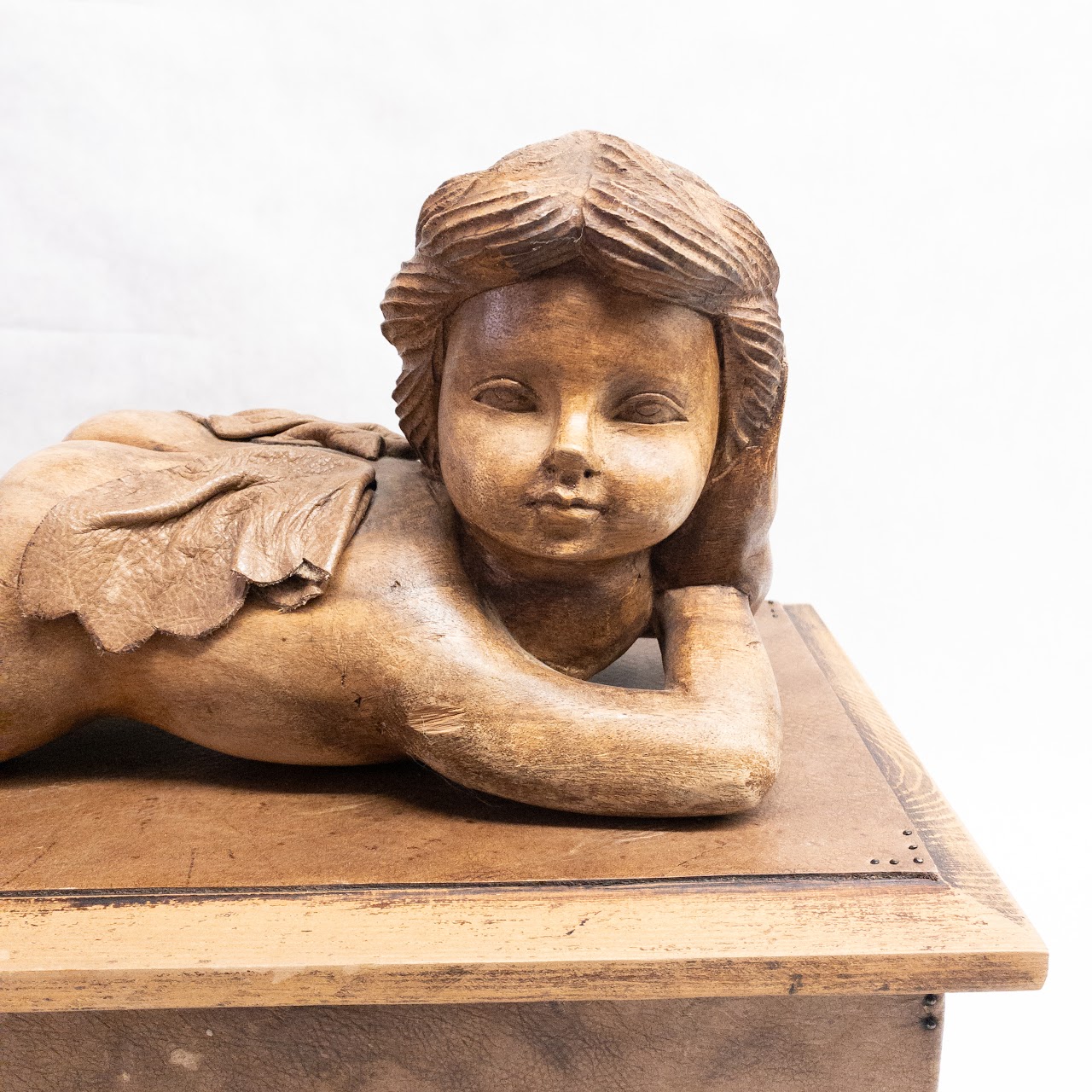 Carved Wood and Leather Cherub Box