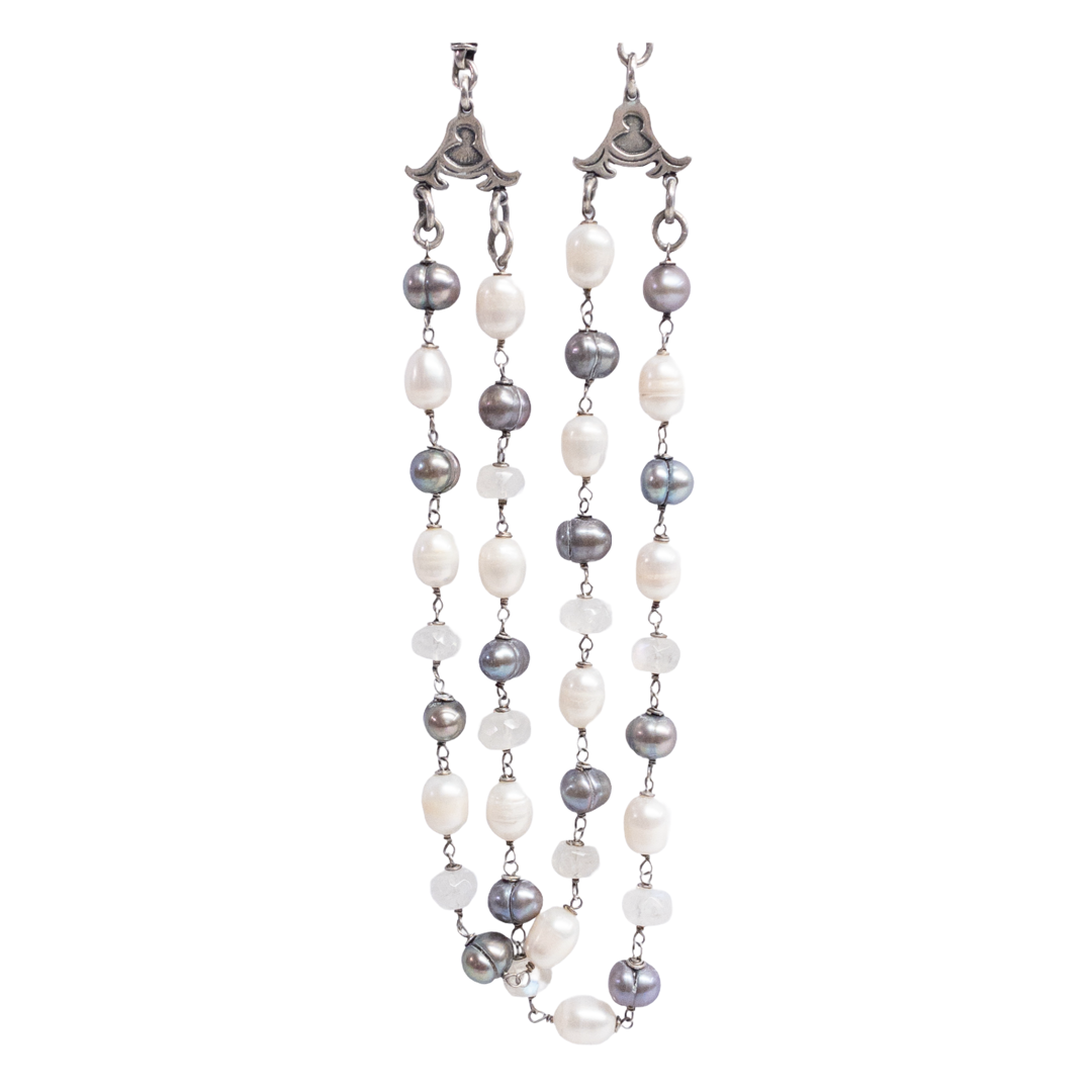 Sterling Silver, White Pearl, Silver Pearl, and Quartz Necklace