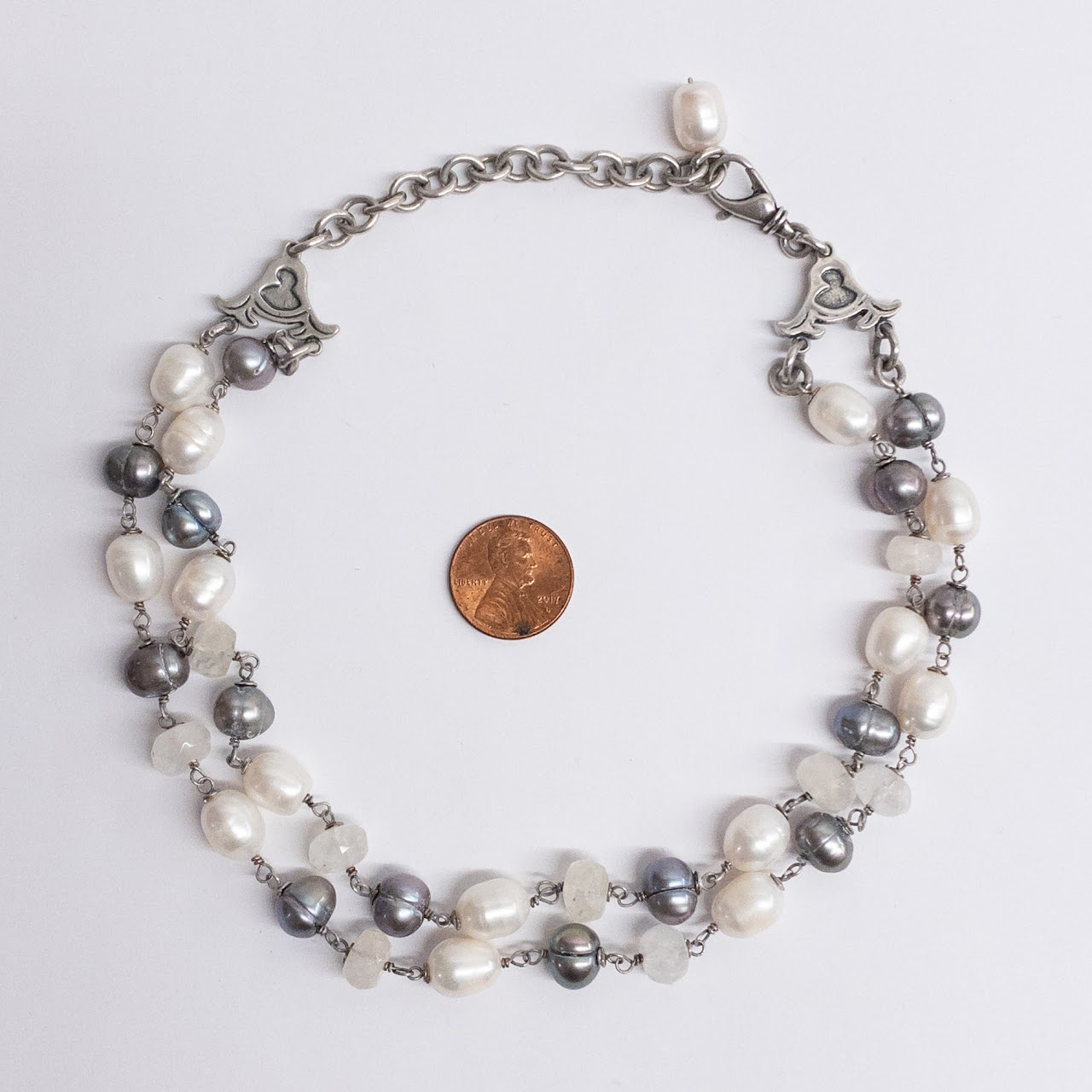 Sterling Silver, White Pearl, Silver Pearl, and Quartz Necklace