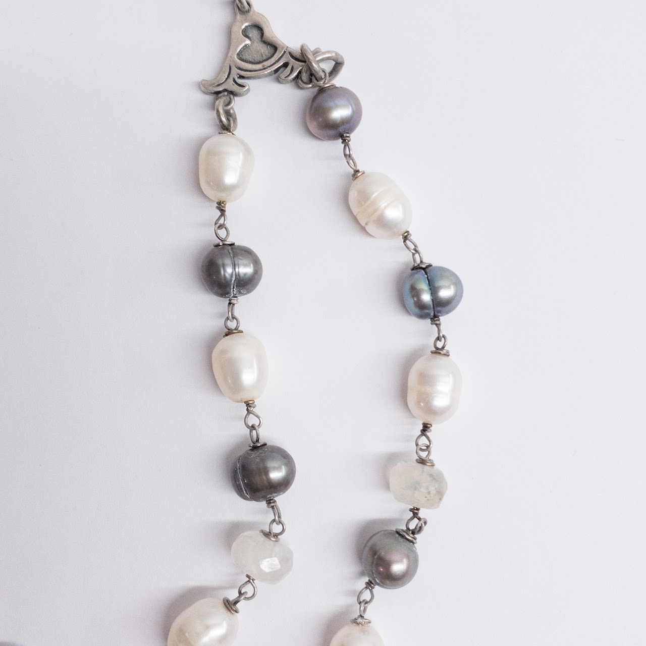 Sterling Silver, White Pearl, Silver Pearl, and Quartz Necklace