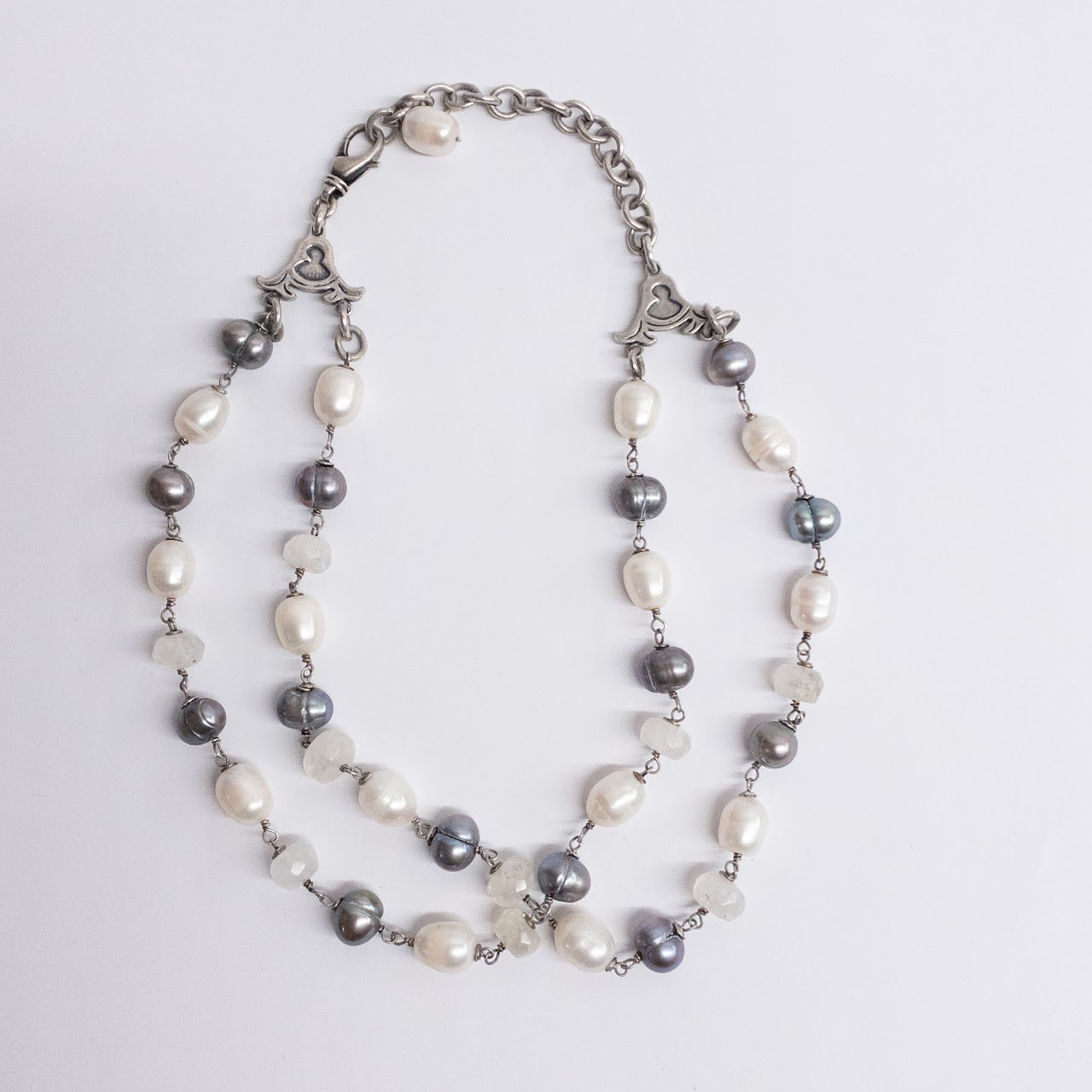 Sterling Silver, White Pearl, Silver Pearl, and Quartz Necklace