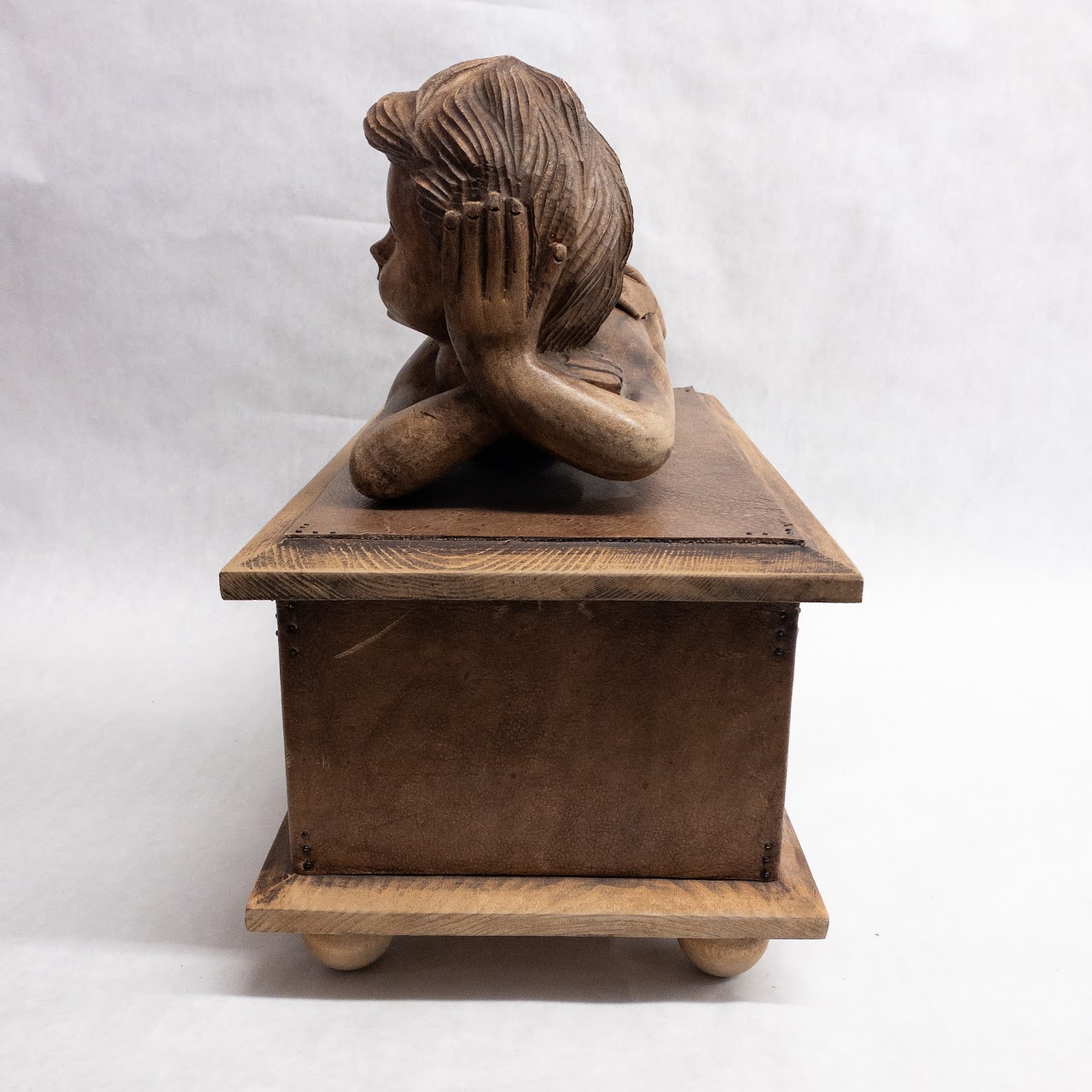 Carved Wood and Leather Cherub Box