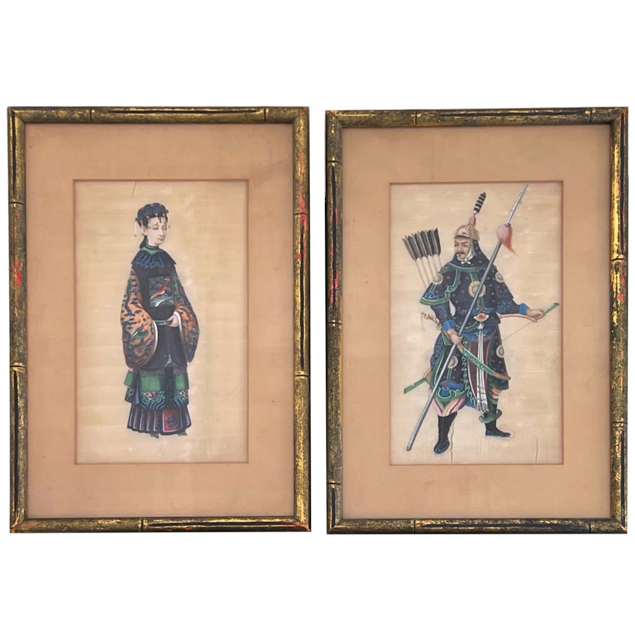 19th C. Chinese Export Gouache Painting on Silk Pair #1