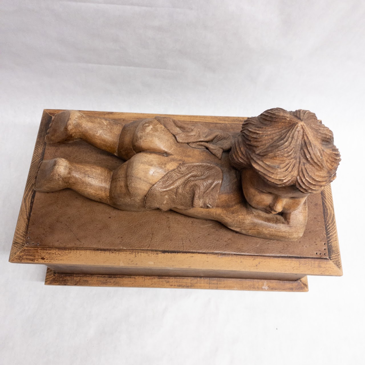 Carved Wood and Leather Cherub Box