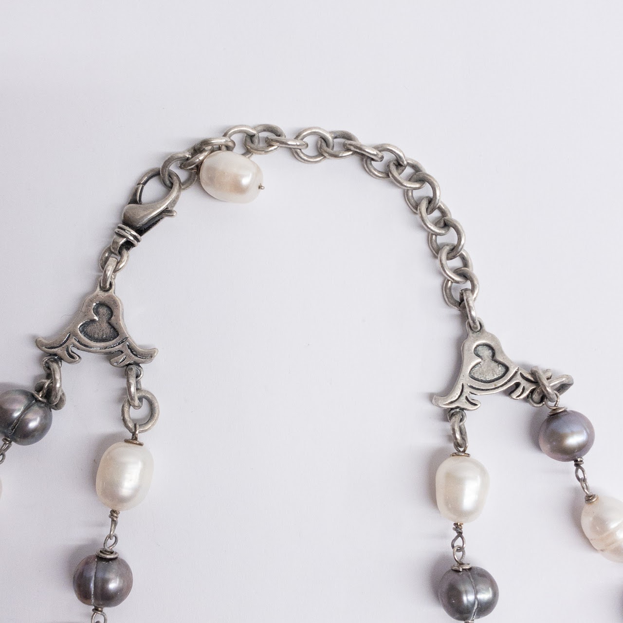 Sterling Silver, White Pearl, Silver Pearl, and Quartz Necklace