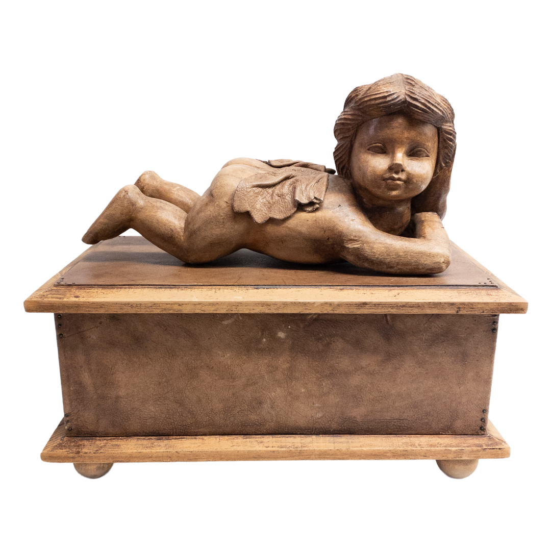 Carved Wood and Leather Cherub Box