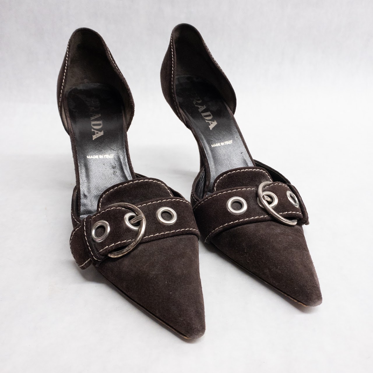 Prada Brown Suede Buckle Pumps