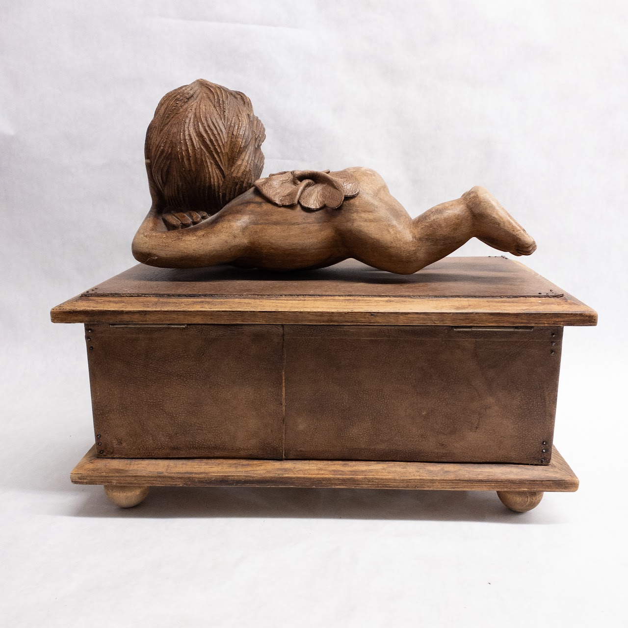 Carved Wood and Leather Cherub Box