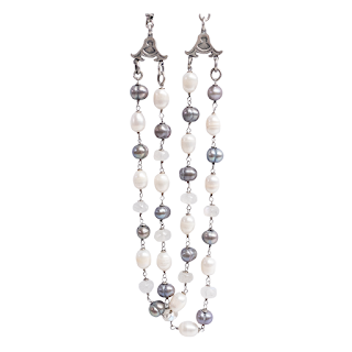 Sterling Silver, White Pearl, Silver Pearl, and Quartz Necklace