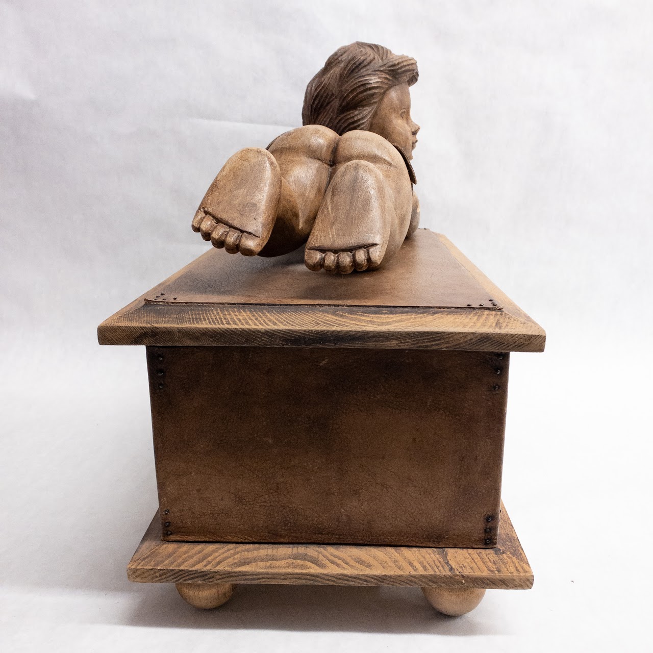 Carved Wood and Leather Cherub Box