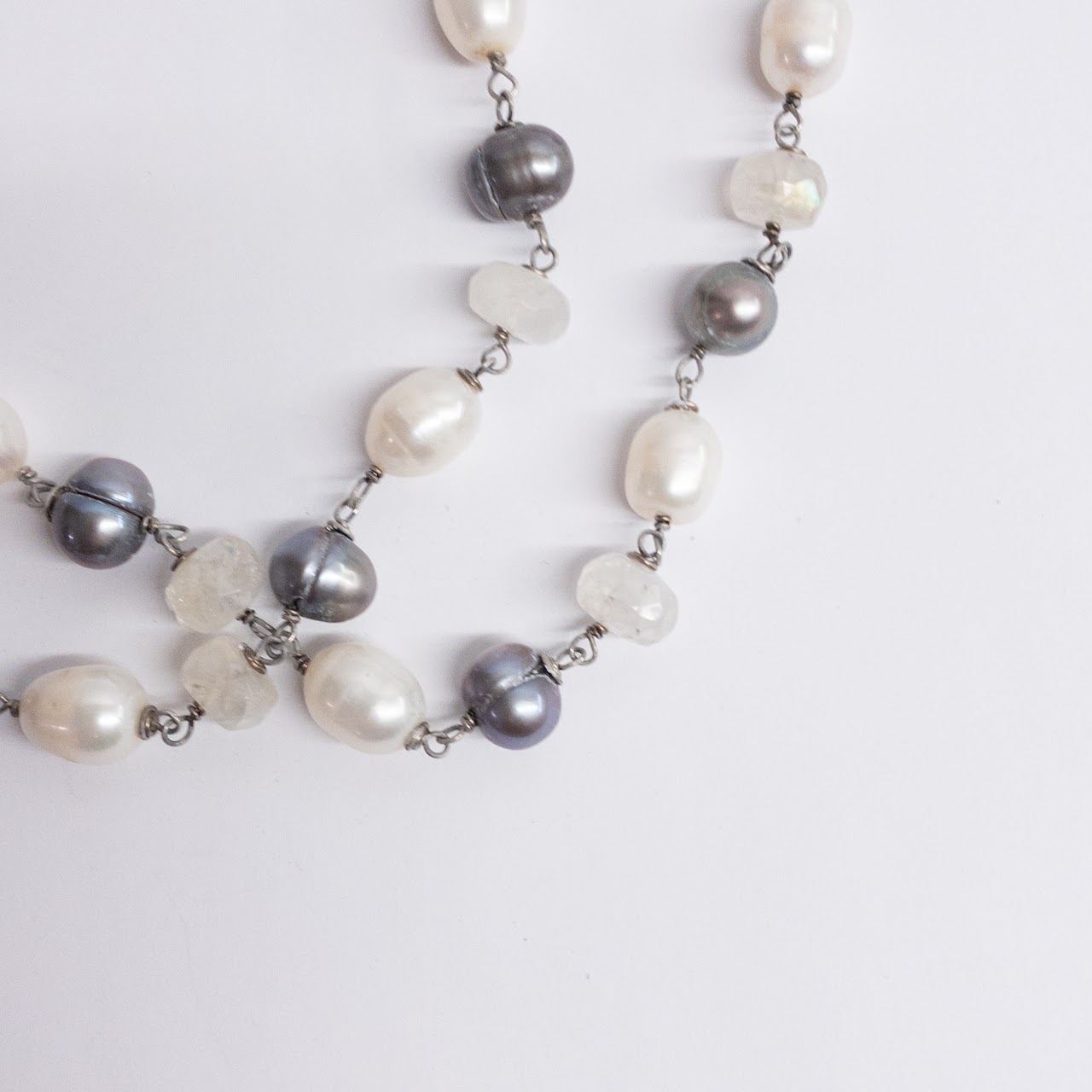 Sterling Silver, White Pearl, Silver Pearl, and Quartz Necklace