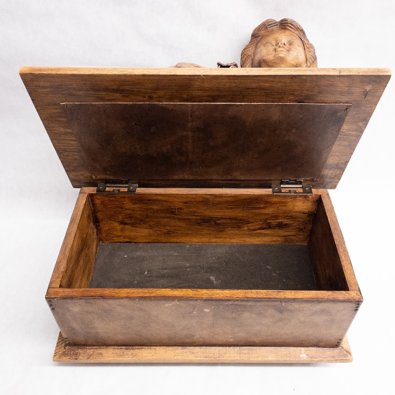 Carved Wood and Leather Cherub Box