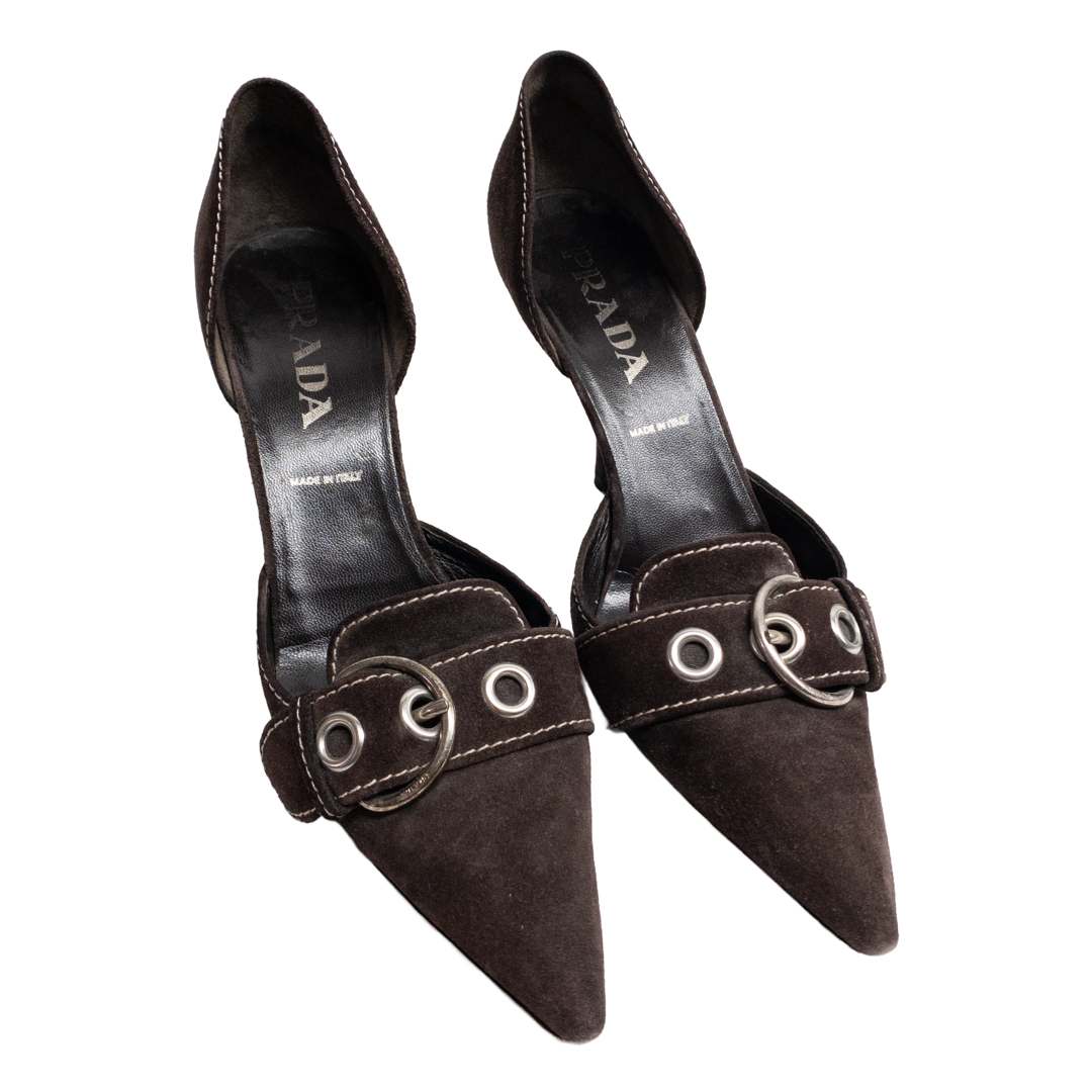 Prada Brown Suede Buckle Pumps