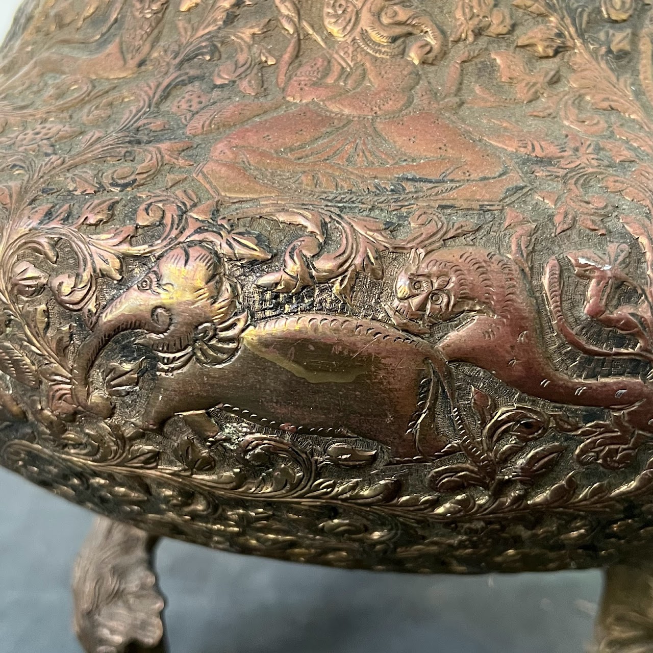 Antique Brass Relief Decorated Footed Vessel