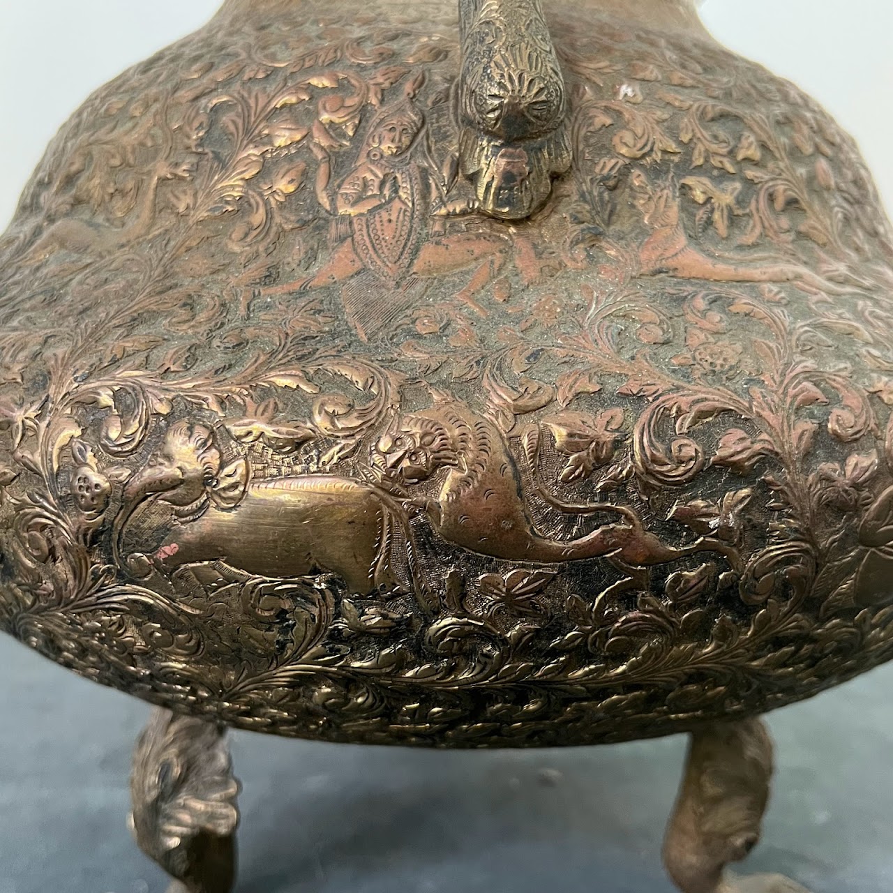 Antique Brass Relief Decorated Footed Vessel