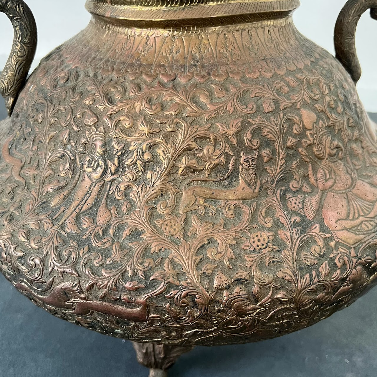 Antique Brass Relief Decorated Footed Vessel