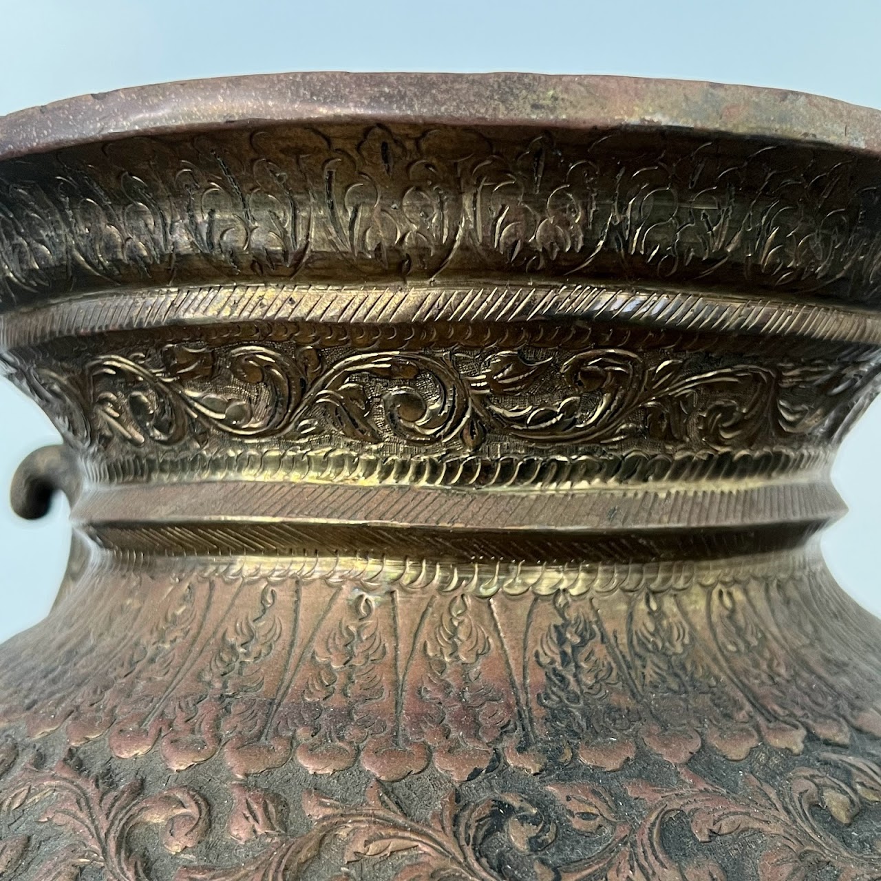 Antique Brass Relief Decorated Footed Vessel