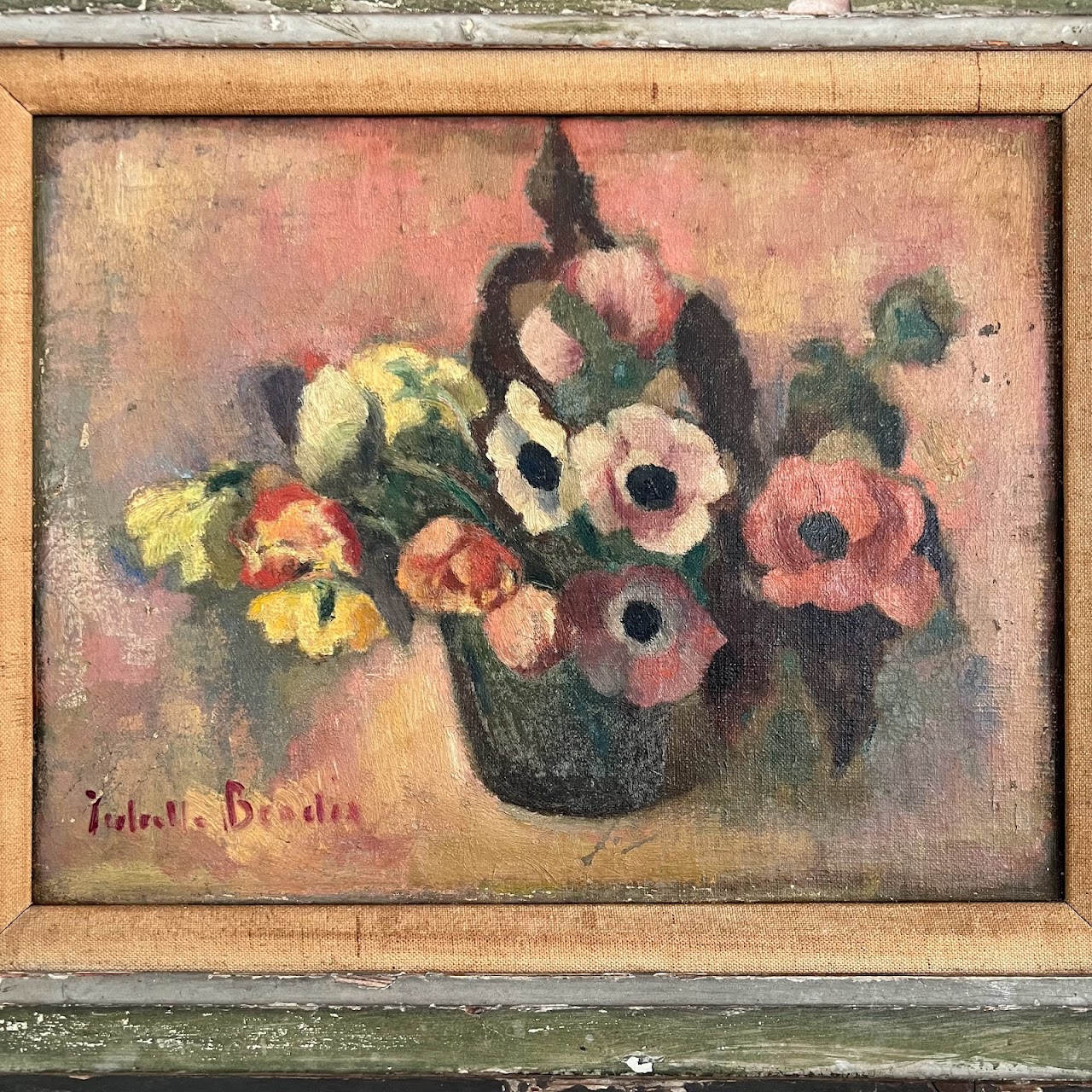 Still Life with Flowers Signed Antique Oil Painting