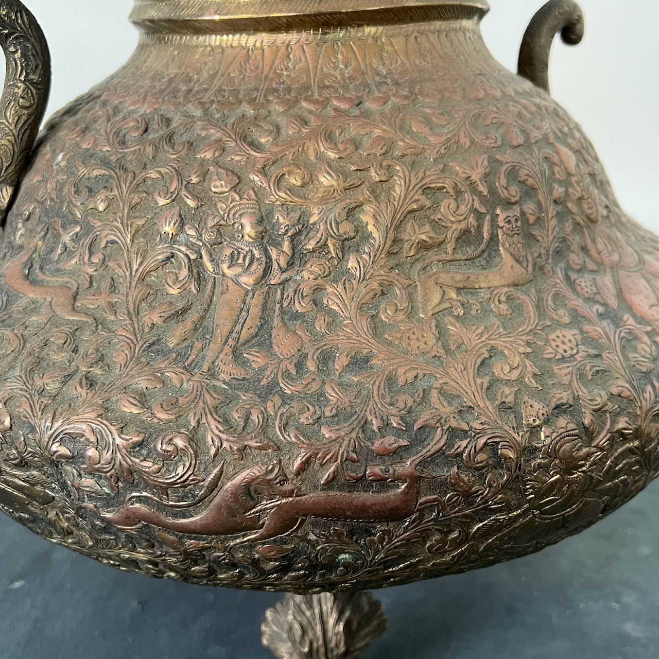 Antique Brass Relief Decorated Footed Vessel