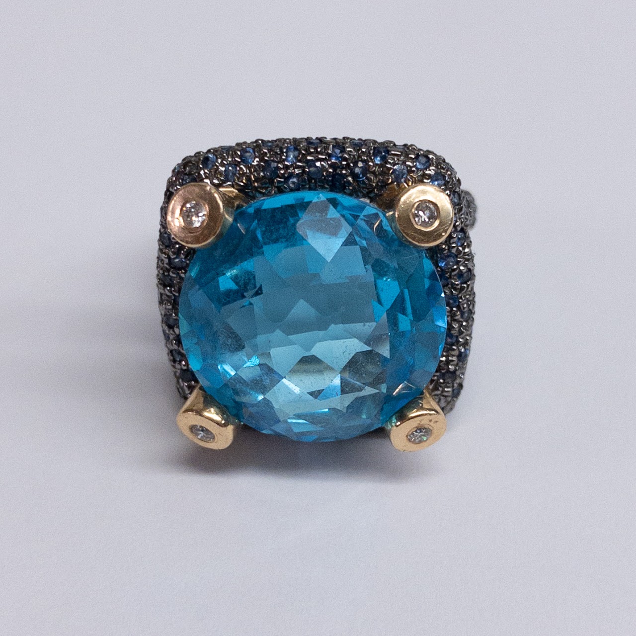 14K Gold Blue Topaz, Sapphire & Diamond Ring