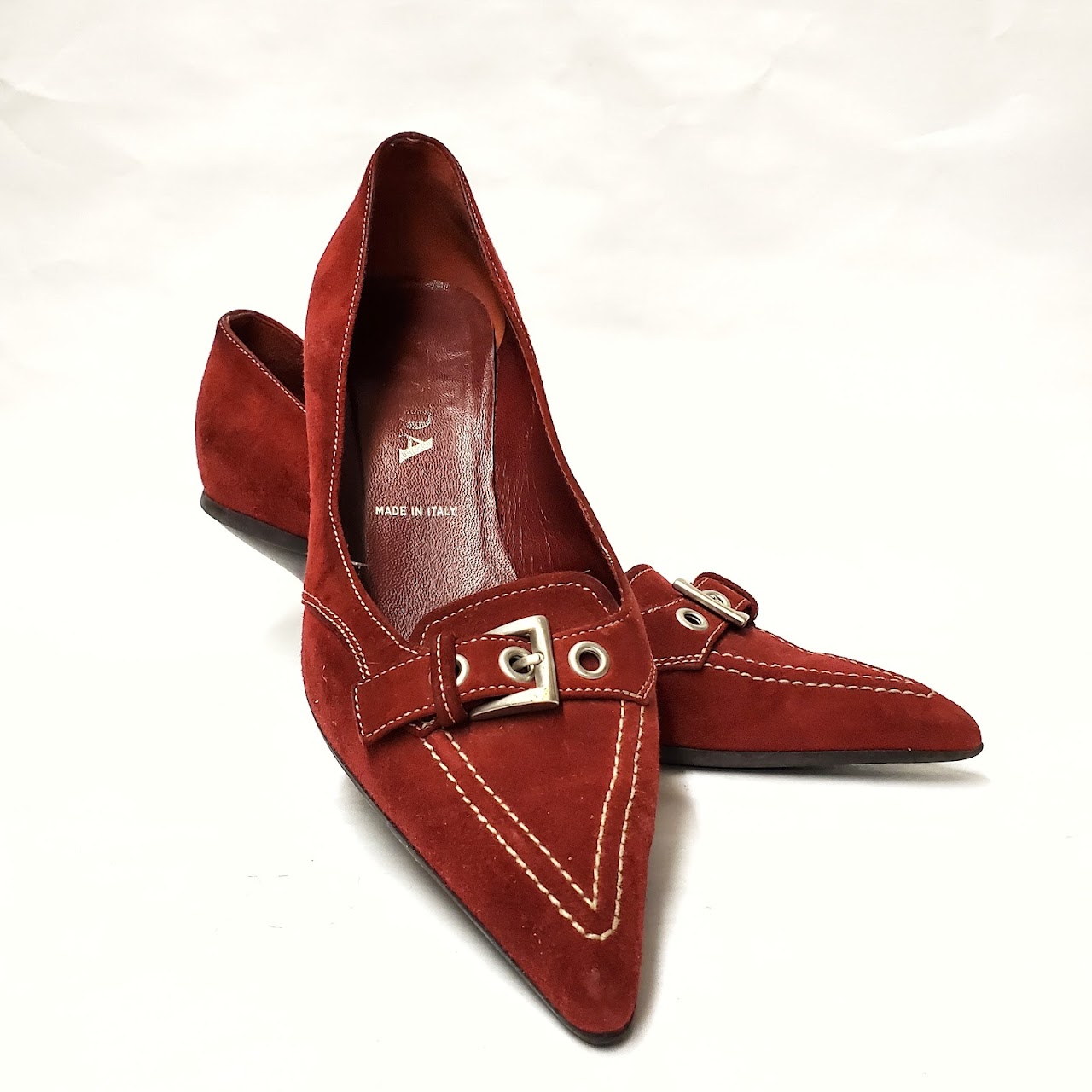 Prada Red Suede Pointed Toe Heels