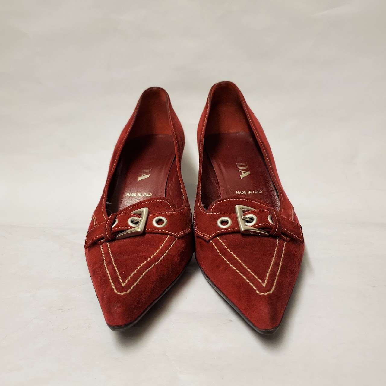 Prada Red Suede Pointed Toe Heels