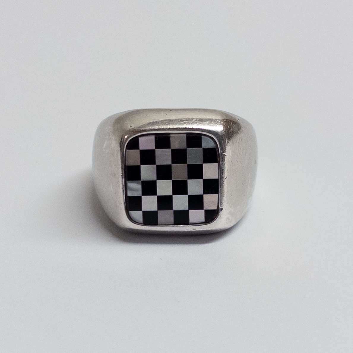 Sterling Silver, Onyx, and Mother-of-Pearl Checkerboard Ring